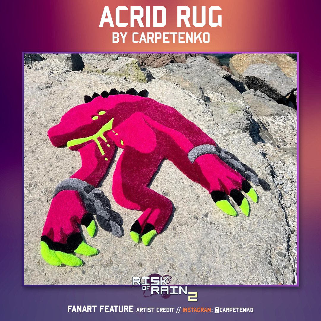 RiskofRain's tweet photo. Sorry, babe. The Acrid rug stays.

Shout out to community member Carpetenko for one of the more unique pieces of fanart we've seen yet. 

Share your own creations in Discord or on Reddit and they could be featured next!     
🔸https://t.co/o5KxQbiTML     
🔹https://t.co/T3VKeY0BFj