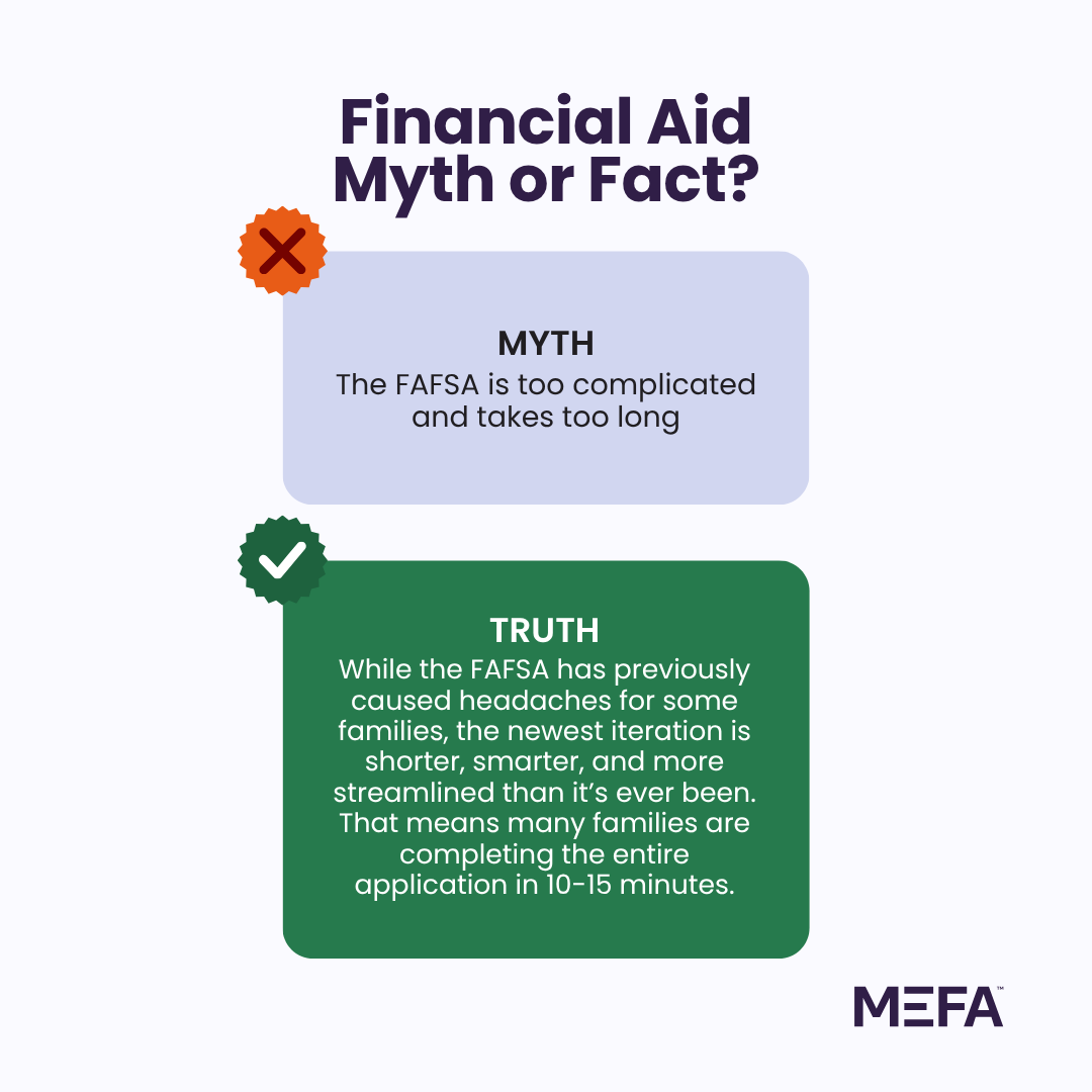 MEFAtweets's tweet photo. Myth: The FAFSA is too complicated and takes too long. 

The truth? The FAFSA is shorter, smarter, and more streamlined than ever before. Many families are completing it in 10-15 minutes.

We break down more financial aid myths and the truth behind them at https://t.co/td61ugXbTP https://t.co/kr3Zy31UQz