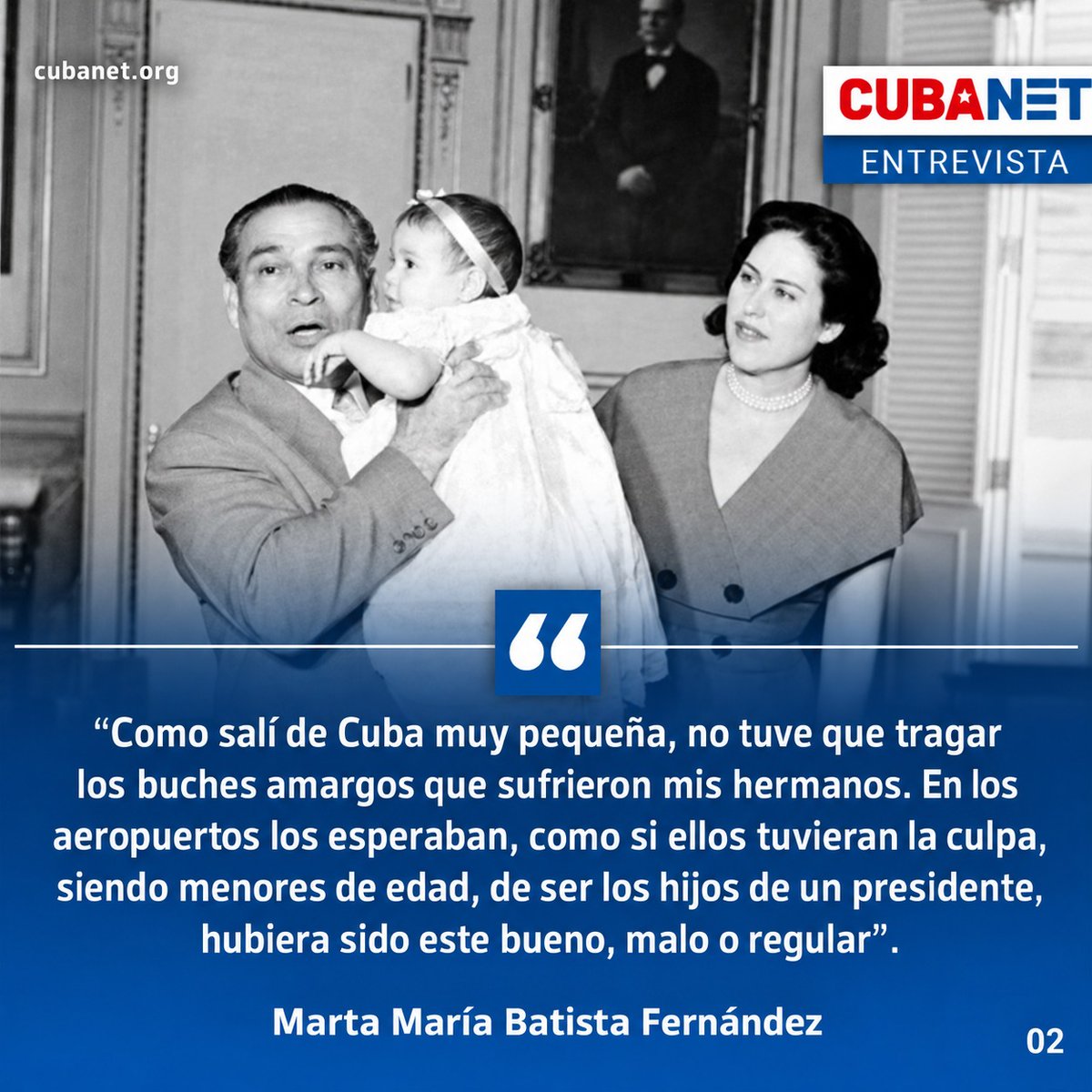 CubanetNoticias's tweet photo. 📸 "Nací en un país que no conozco".

Marta María Batista, hija menor de Fulgencio Batista, salió de Cuba con apenas año y medio y nunca ha regresado.

En entrevista con William Navarrete para CubaNet, habla de su infancia, el exilio y por qué no volvería mientras gobierne el actual régimen.

🔗 Entrevista completa en el enlace del siguiente tuit.