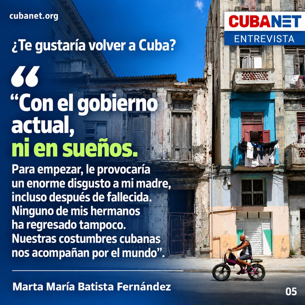 CubanetNoticias's tweet photo. 📸 "Nací en un país que no conozco".

Marta María Batista, hija menor de Fulgencio Batista, salió de Cuba con apenas año y medio y nunca ha regresado.

En entrevista con William Navarrete para CubaNet, habla de su infancia, el exilio y por qué no volvería mientras gobierne el actual régimen.

🔗 Entrevista completa en el enlace del siguiente tuit.