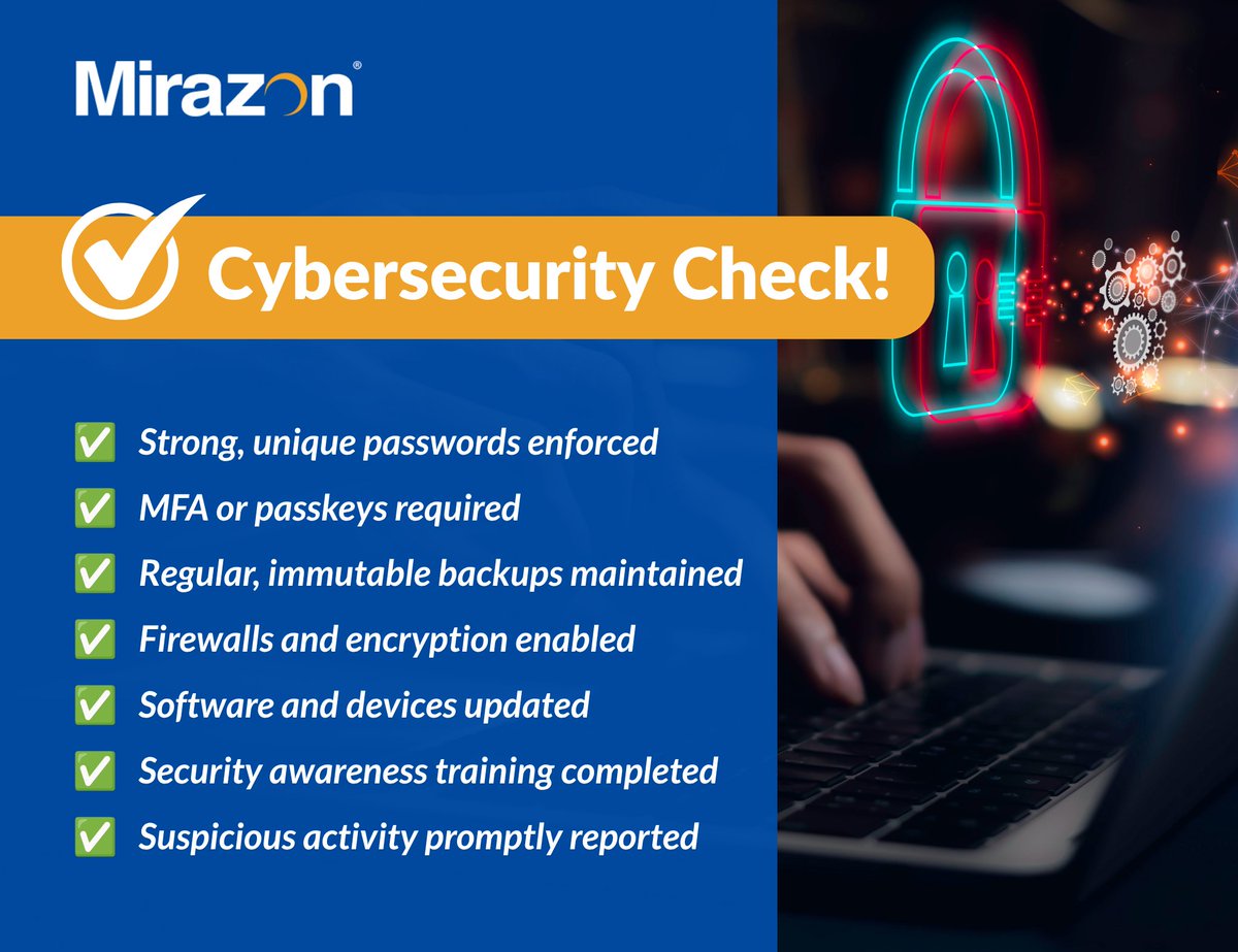 Mirazon's tweet photo. October is #Cybersecurity Awareness Month!

Cybersecurity is everyone's responsibility, and protecting your organization starts with the basics. When was the last time your organization reviewed its cyber practices?

Contact us today for an assessment!
https://t.co/hGWPzlOVxx https://t.co/8B9BHbCOWQ