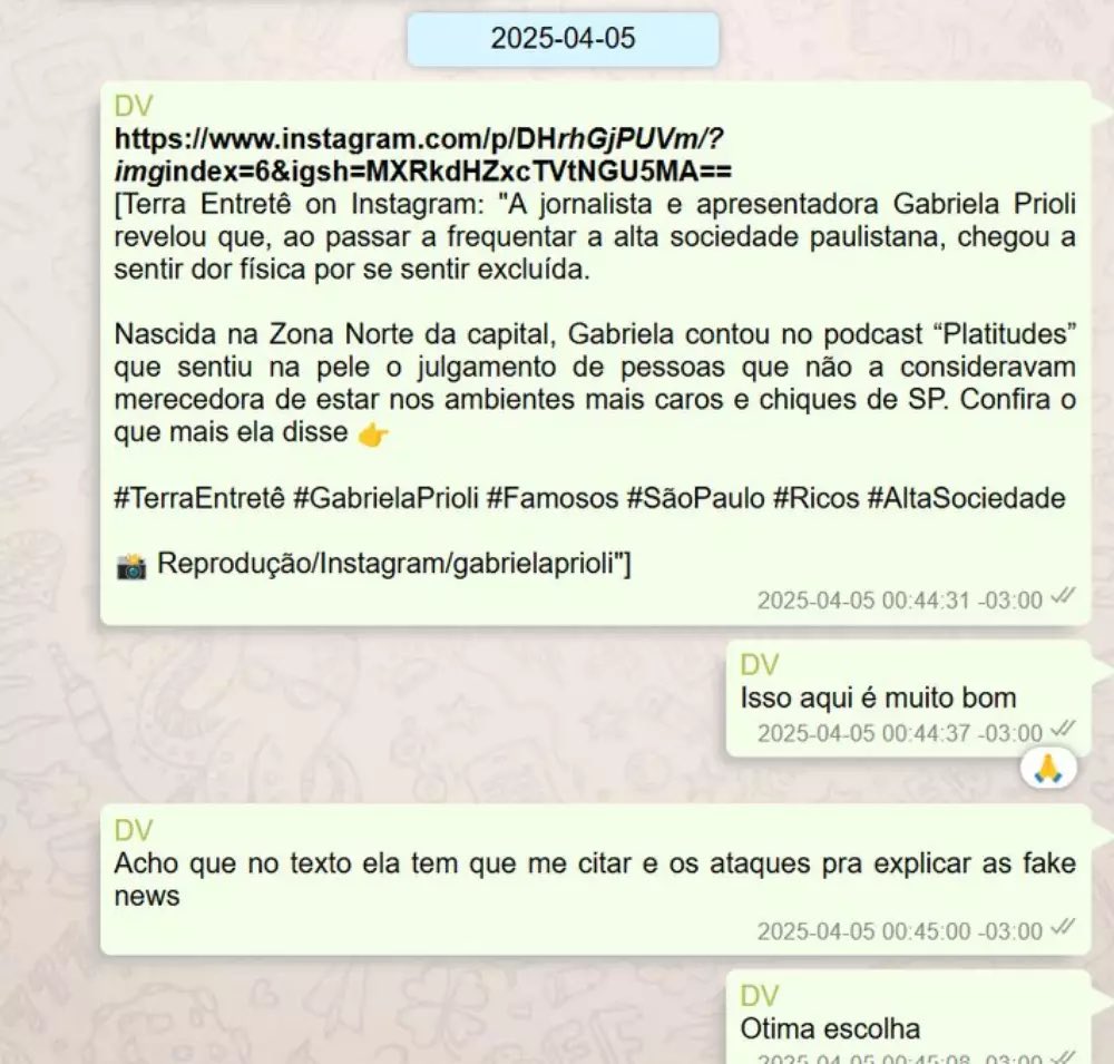 renatajbarreto's tweet photo. Conversas reveladas hoje mostram que a Gabriela Priolli não só era contratada pelo Master para emitir “opinião”, como seus vídeos passavam por aprovação e edição do Vorcaro! Kkkkkkkkkkkkkkk https://t.co/s1iakdl0as