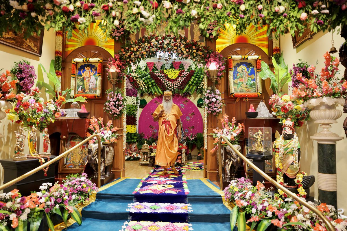 SgsSwamiji's tweet photo. Sri Devi Navaratri 2023 • Shashthi • 16 Oct 2026

On the sixth day of the Devi Navaratri festival, after performing Gau puja, Sri Swamiji took Darshana of Sri Raja Rajeshwari, Hari Sannidhi, Sri Kalagni Shamana Dattatreya Swamy and  proceeded to Nada Mantapa in a beautiful Devi procession and blessed the young girls seated for Kumari Puja. During today’s Navavarana Puja, Devi was worshipped as Visalakshi with betel leaves and Sweet Pongal was offered as Annarchana. Abhishekam was performed to Mother Goddess with a Pancha Shankha where five conches are nested one inside another. 

During the Navavarana Puja today, Sangeeta Seva was offered by the renowned young Carnatic Vocalist Vivek Sadashivam accompanied by Achyut Rao on violin and Arjun Kumar on Mridangam. Together, they offered several of Sri Dattaji’s compositions beginning with Neeraja Manini, Dum Dum Durga, Tripura Malinim Vande, Vande Santam Hanumantam and Shyamala Marakata Shyame Shubhe. So moving was the recital that the artists were requested for an encore of Neeraja Manini. 

While Sri Swamiji performed Annarchana, devotees chanted the Lalita Sahasranama followed by Lalita Trishati by Sri Datta Vijayananda Teertha Swamiji. This was followed by Purnahuti for the Devi Homa. 

Soon after, Abhishekam and Puja were performed to the Ardha Sri Chakra, along with various Archanas and Sevas. After performing Dolotsava for the Utsava Murti, Sri Swamiji distributed Prasadam to the devotees who participated in various Pujas today. 

During the evening’s discourse, Sri Swamiji blessed devotees with a new composition - Cidrupi Shiva Shivaatmike.

Sri Swamiji spoke of special Nakshatra flutes which are being made from specific trees which have a certain sound and vibration. The neural pathways of these trees connect with ours causing the plain notes played on such flutes to resonate with us. 

The evening’s programs concluded with the Maha Arti as devotees circumambulated the Utsava Murti of Mother Goddess.

#devi #navaratri #devinavaratri #sgsswamiji