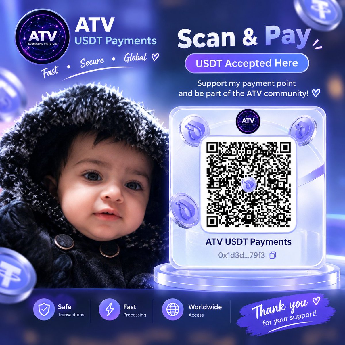 UsmanAl68042904's tweet photo. Welcome to ATV USDT Payments! 

My ATV Payment Point is ready! I'm excited to explore digital payments and the ATV ecosystem.

📲 Scan my QR code to view my payment point and join this exciting journey toward a connected digital future! 

#ATV #ITL #USDT #Crypto https://t.co/hvBVXfvcm0