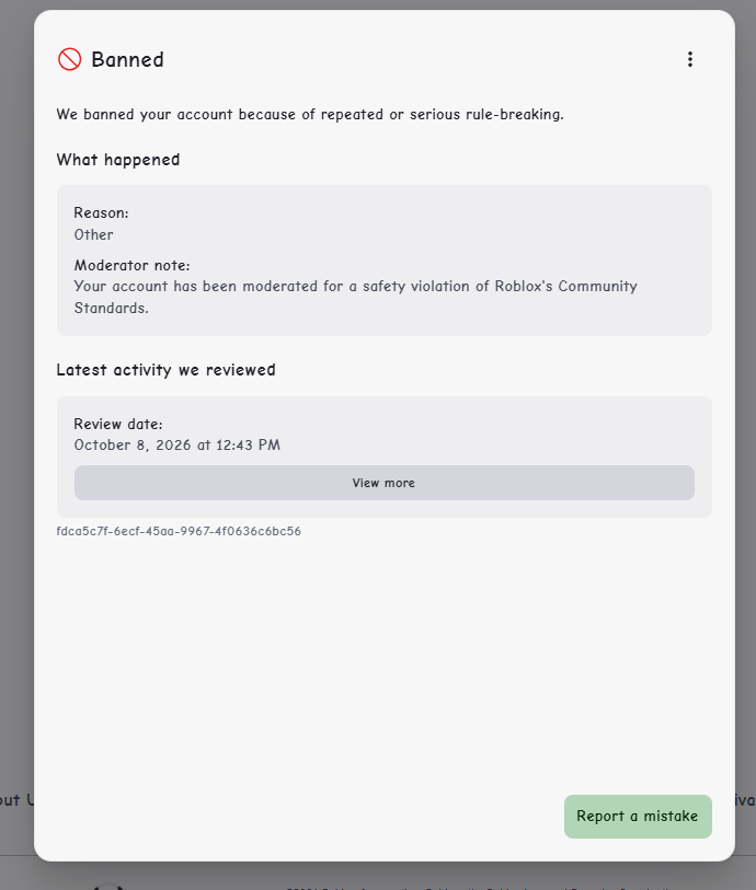 yvnkieazz's tweet photo. @Cmxrzn @Roblox It’s very frustrating my account, "valenzoide," was also affected by this wave of unfair bans, and Roblox still hasn’t resolved this issue, which is impacting innocent players. @Roblox #roblox #robloxban #robloxterminated #enforcementban https://t.co/QNmx7dSV2w