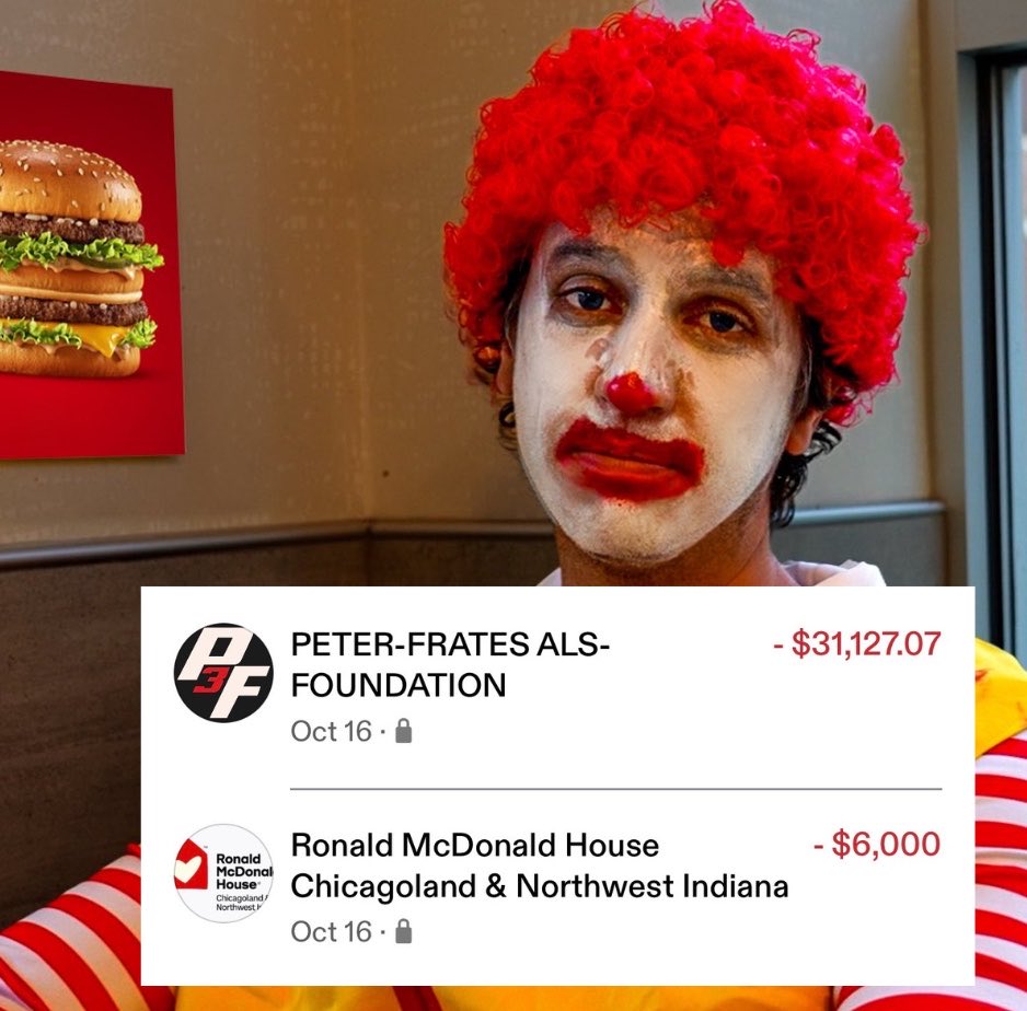 OhioTate's tweet photo. The donations from the Big Mac Challenge have been finalized

$31,127.07 to the Pete Frates ALS Foundation

*which Dave Portnoy is 100% matching today

*plus $1500 from Johnny, the owner of the McDonalds

So that’s $63,754.14 to them

and $6K to the Ronald McDonald House Chicago https://t.co/oJX38peSH7