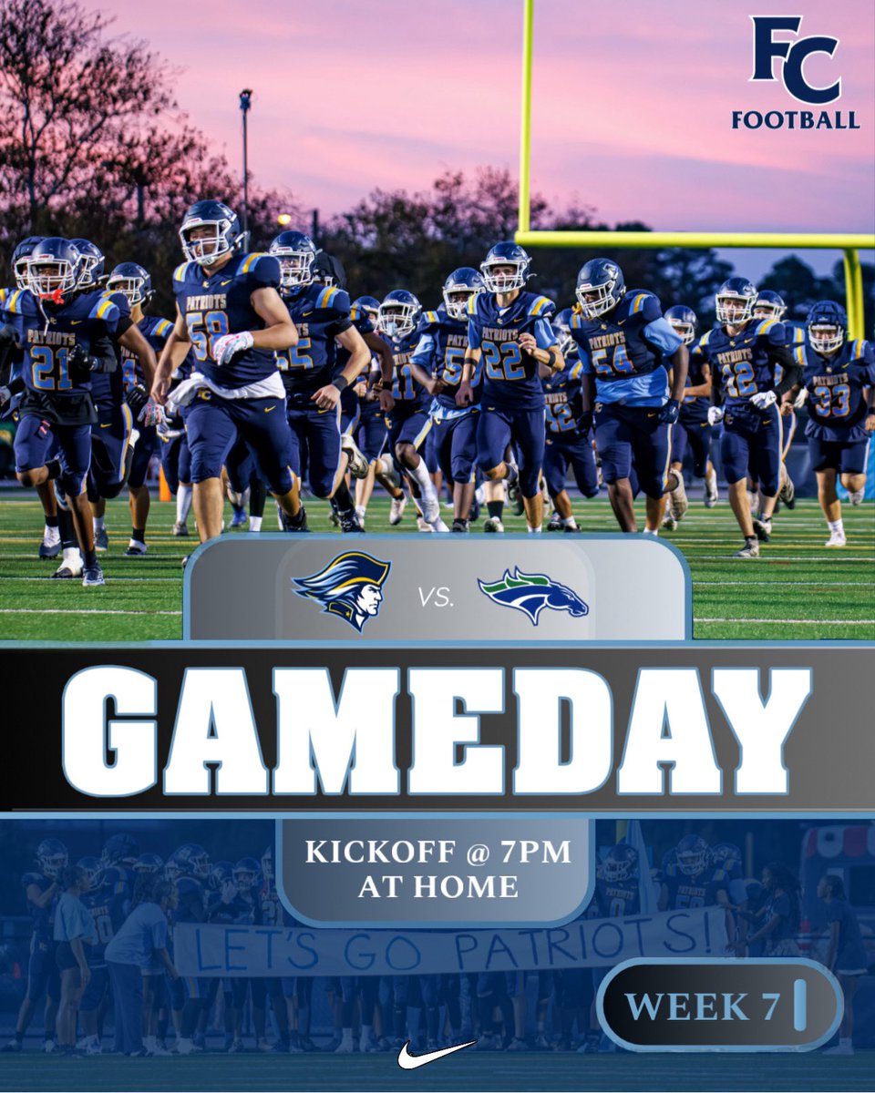 FCPatriotsFB's tweet photo. 💥IT'S GAMEDAY!!!💥Friday Night Lights this week brings us back home to face Green Run at 7pm! See you there. #GoPats #FC #Gameday https://t.co/5r2LOcQL76