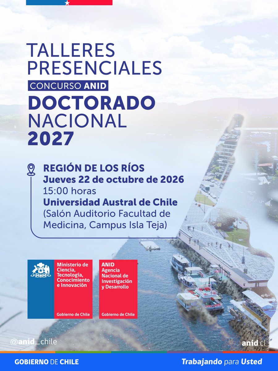 ANID_Chile's tweet photo. Si estás interesado o interesada en postular a este concurso, súmate a una jornada informativa y abierta, organizada por @ANID_Chile, que realizaremos en la @UAustraldeChile . 

✅En esta instancia, compartiremos información relevante sobre esta beca y resolveremos todas las dudas que puedas tener.

📝 Inscríbete en el formulario ingresando aquí 👉https://t.co/R4KlSRLway

📍Te esperamos en el Salón Auditorio de la Facultad de Medicina, del Campus Isla Teja.