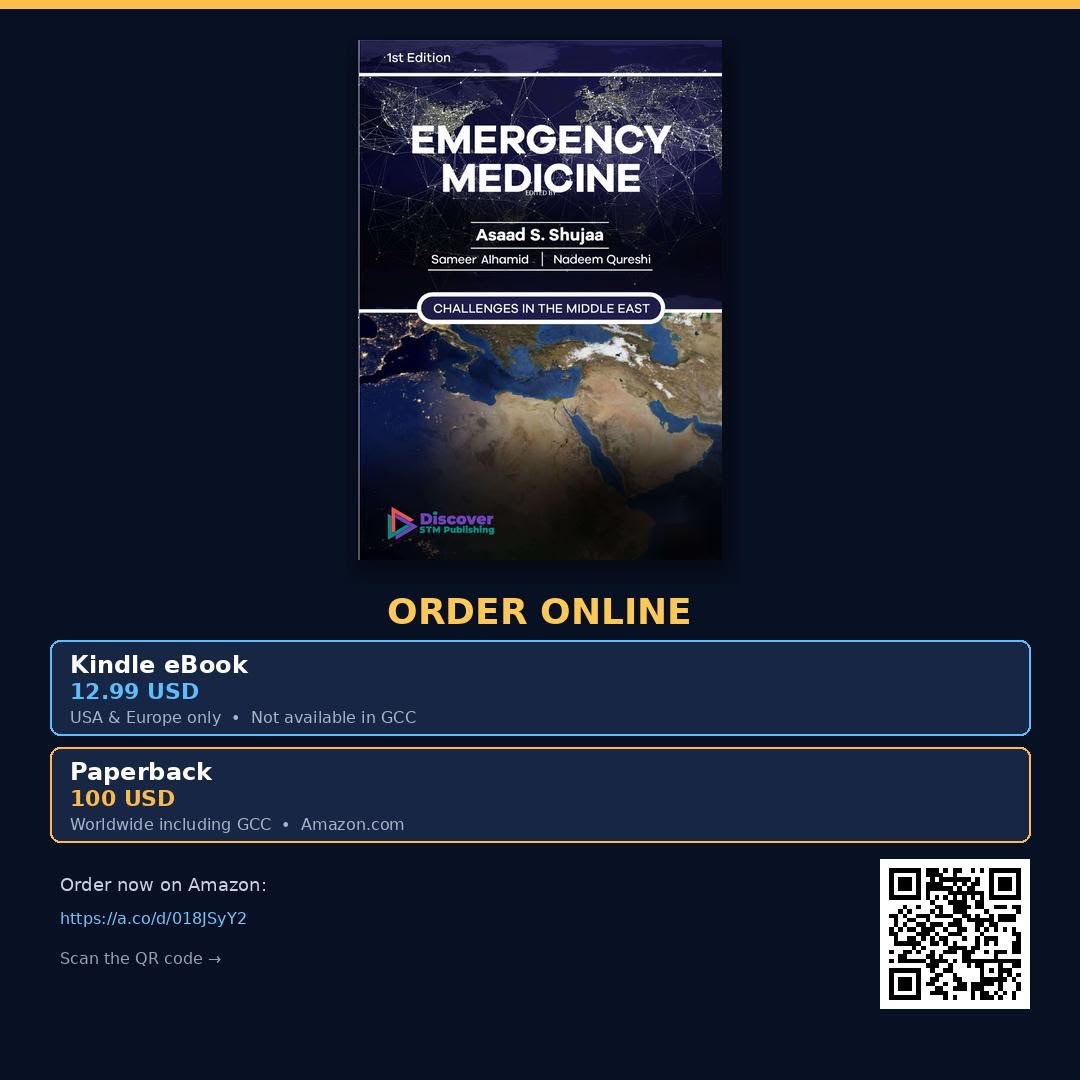 Abdussalam007's tweet photo. يسرني الإعلان عن صدور كتاب "طب الطوارئ: تحديات في الشرق الأوسط" (Emergency Medicine: Challenges in the Middle East)، المتوفر الآن على موقع https://t.co/EhIwePDIvG بنسختيه المطبوعة (الغلاف الورقي) ونسخة "كيندل" (Kindle).

وقد حظيت بفرصة المشاركة في تأليف أحد فصول الكتاب مع @Ayesha_Almemari بعنوان:

"التوازن والتدقيق: تبسيط مفهوم المسؤولية الطبية" (Balance and Check: Medical Liability Made Easy)

حيث نستعرض فيه التقاطع بين الطب والقانون، لمساعدة الأطباء على فهم مسؤولياتهم والتعامل مع قضايا المسؤولية الطبية.

أتوجه بشكر خاص لرئيس التحرير، الدكتور أسعد شجاع، الذي كانت فكرته هي الشرارة التي أطلقت هذا الكتاب، والذي بفضل تفانيه ومثابرته على مدار ثلاث سنوات، أبصر هذا العمل النور. شكراً لك على جمعنا معاً وعلى الحفاظ على هذه الرؤية حتى إنجازها.

📖 النسخة المطبوعة: متاحة عالمياً، بما في ذلك دول مجلس التعاون الخليجي.
📱 نسخة "كيندل" (Kindle): متاحة في الولايات المتحدة وأوروبا؛ وغير متوفرة حالياً في دول مجلس التعاون الخليجي.

للطلب: https://t.co/yfze6jOFoo