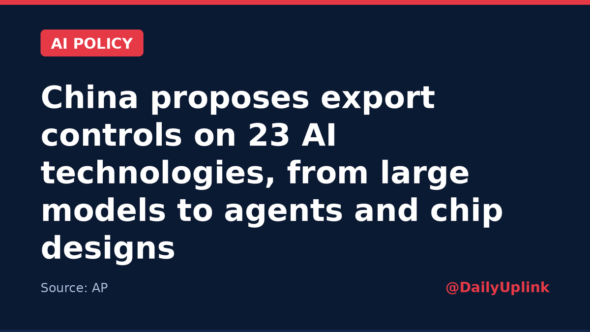 DailyUplink's tweet photo. China's commerce ministry has proposed export controls on 23 AI technologies, covering large models, agents, computing clusters and advanced chip designs. Access through APIs and apps would be exempt, and public comment runs through Nov. 15. #AI #China https://t.co/K3qeyVleyj