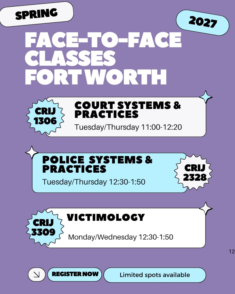 TarletonCJ's tweet photo. 🏙️ Spring 2027 Criminal Justice courses are available at Tarleton Fort Worth! Check the flyer for course options and build your spring schedule around the convenience of studying in Fort Worth. #TarletonCJ #TarletonFortWorth #Spring2027 https://t.co/XvTP3BICEE