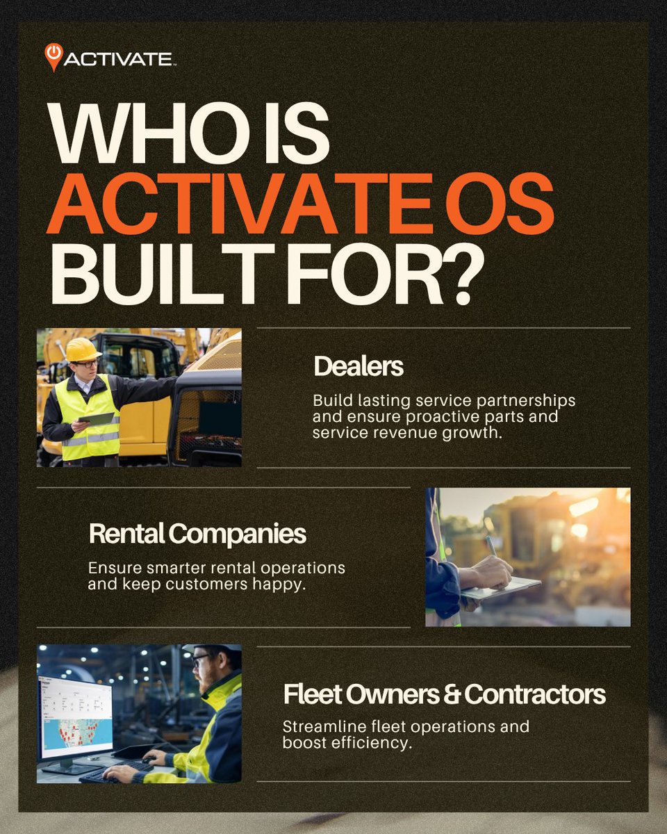 ActivateOS's tweet photo. Activate OS helps dealers, rental companies, and fleet owners streamline operations, boost efficiency, and strengthen customer relationships!✨

💻 Ready to see Activate OS in action? Book a demo today! ➡️ https://t.co/EtEbwnYaKi

#ActivateOS #FleetManagement #EquipmentManagement https://t.co/DZGRLeytqr