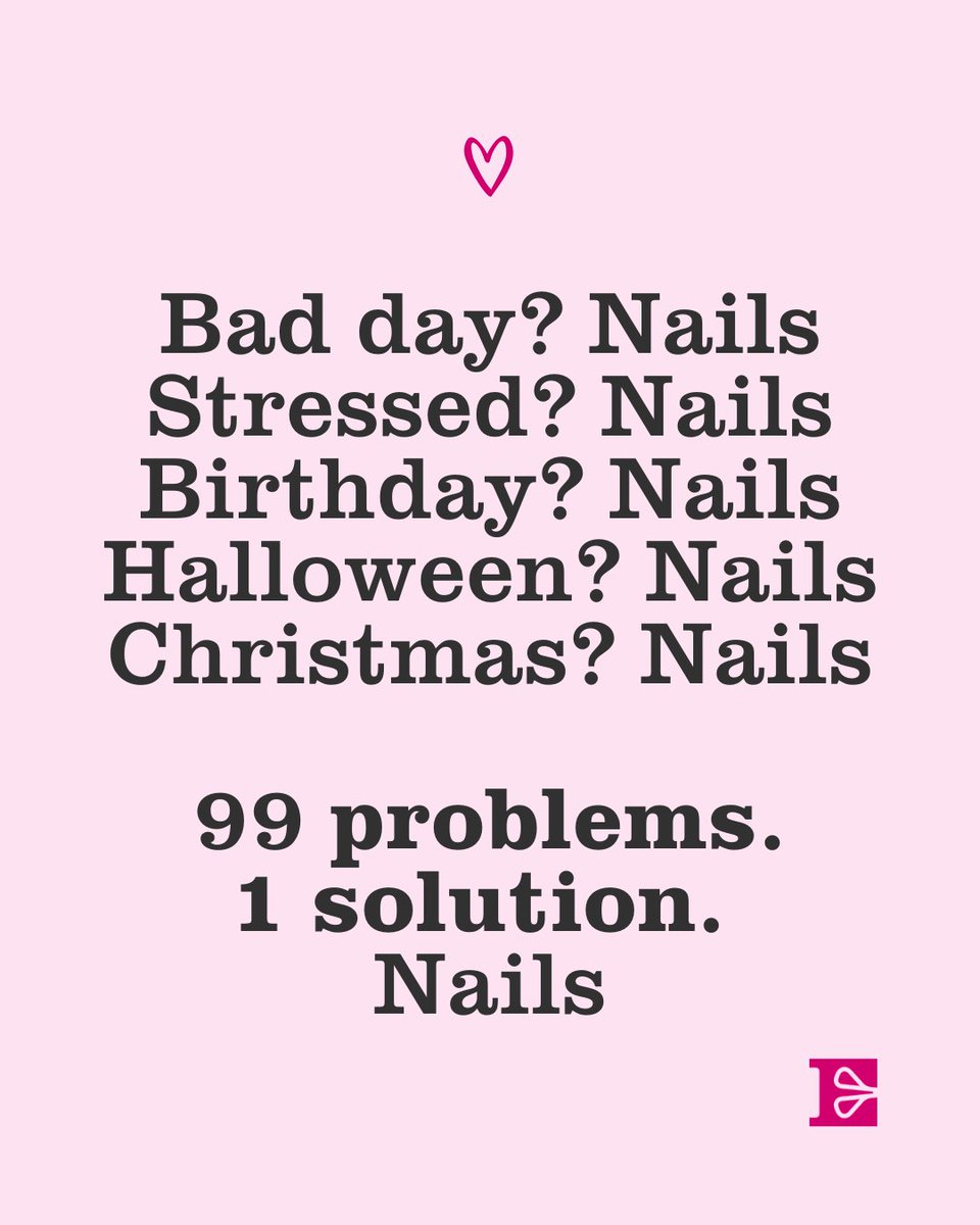 Ellisons's tweet photo. 99 problems, but a fresh set solves them all. ✨💅
Share this with your clients as a gentle hint to get their next autumnal set booked in! 
 
Let us know in the comments what problems client's come to solve! 👇

#NailTech #SalonHumour #SalonQuotes https://t.co/vUyFGBwfSl
