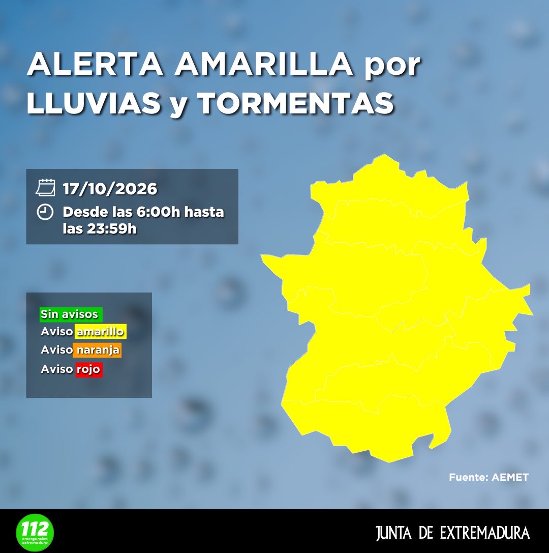 JuntaEx112's tweet photo. 🟡Activamos ALERTA AMARILLA en toda Extremadura por LLUVIAS Y TORMENTAS.

⏰Desde las 6:00h las 23:59h del sábado 17/10/2026.

En caso de emergencia llama al1️⃣1️⃣2️⃣ https://t.co/mZkcDe2t4i