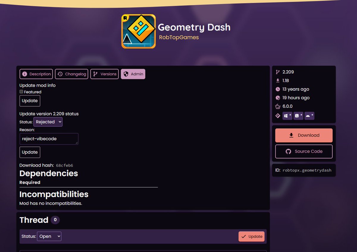 SMJSGaming's tweet photo. Sorry #GeometryDash, had to reject Geometry Dash 2.209 from the Geode index for vibecode😔 https://t.co/kIdtdRiHrc