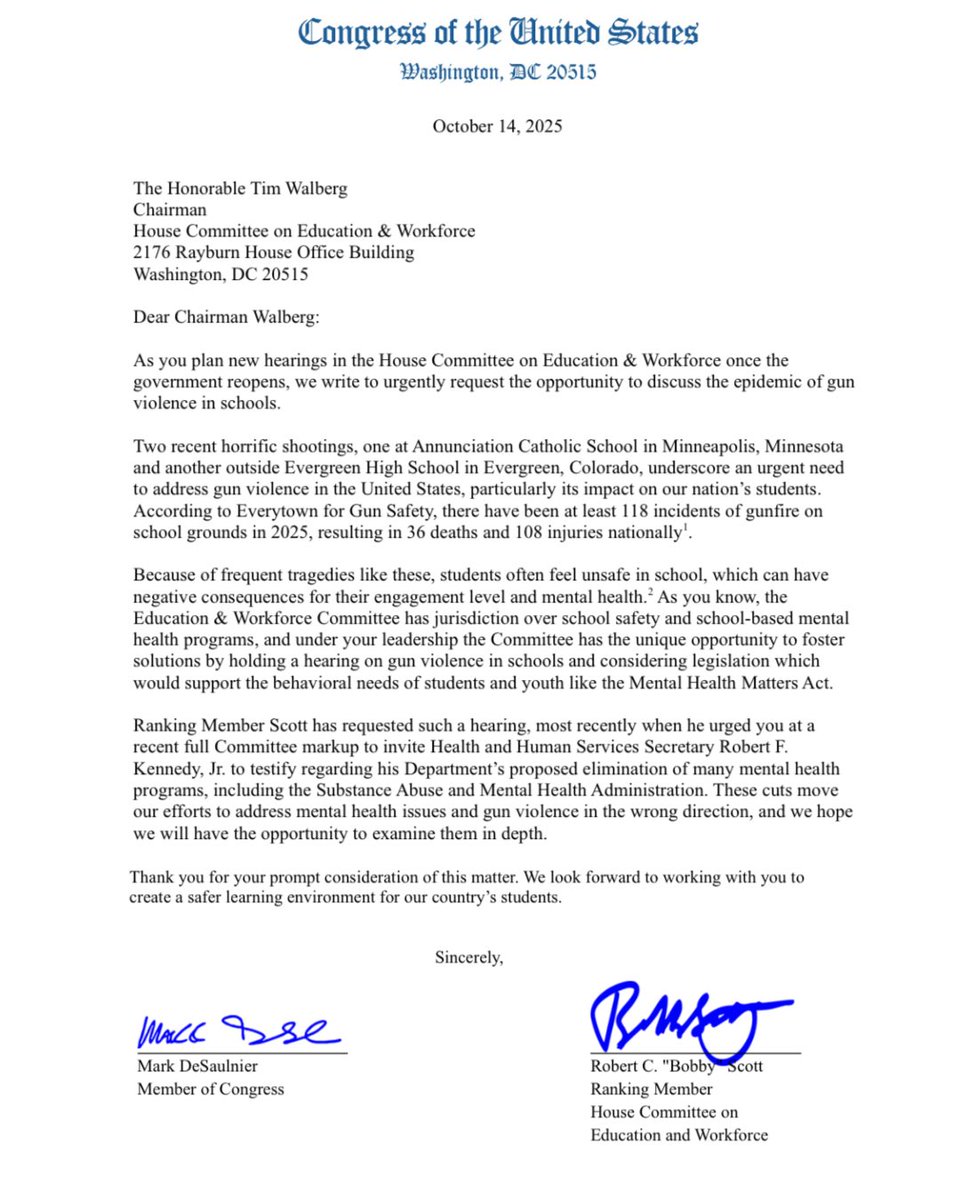 A formal letter on U.S. Congress letterhead, dated October 14, 2025, requesting a congressional hearing about gun violence in schools and related student mental health concerns. The letter is signed by two members of Congress. It contains extensive printed text and handwritten signatures.