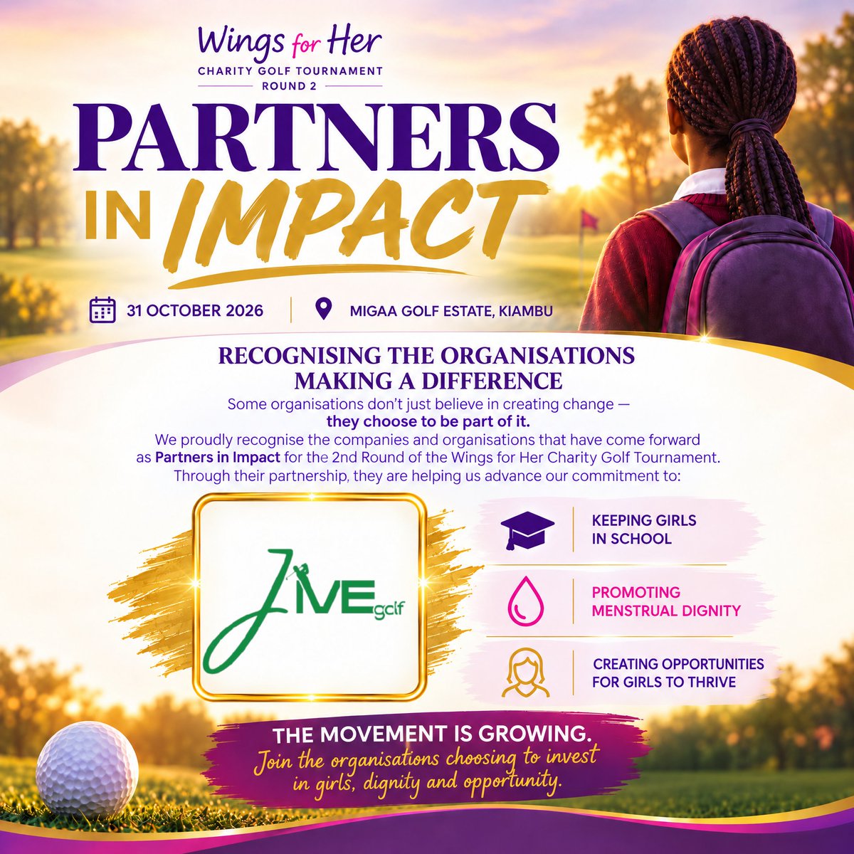VonekInfo's tweet photo. Proud to recognise @jivegolf as a Partner in Impact for Wings for Her Charity Golf Tournament Round 2, helping keep girls in school and promote menstrual dignity. ⛳
📅 31 Oct | 📍 Migaa Golf Estate, Kiambu
#WingsForHer #PartnersInImpact https://t.co/F1UDIHiYb0