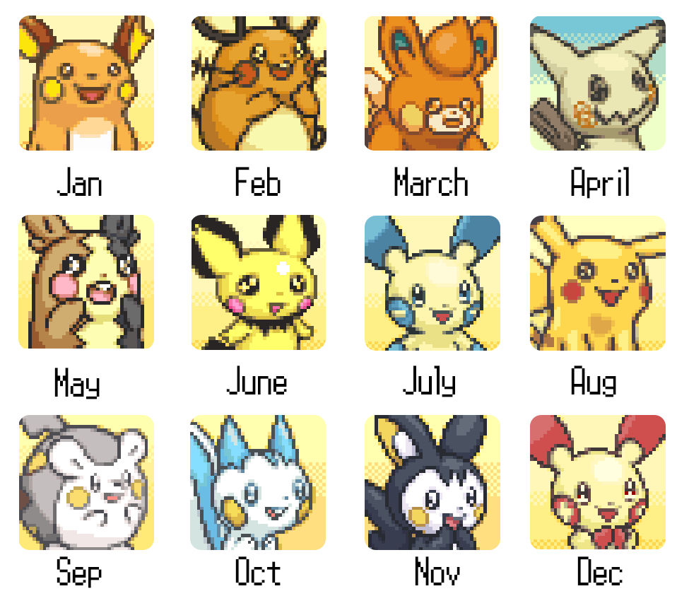 PokeDailyPost's tweet photo. The month of your birthday is the Pikachu clone you'll have as a partner 🐭⚡️ https://t.co/Ftvxnjf68F