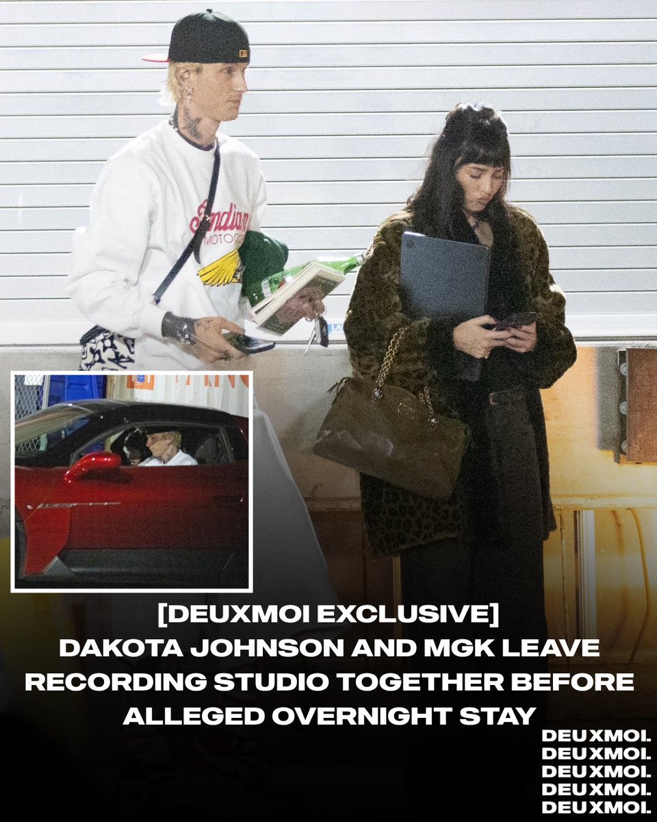 deuxmoiworld's tweet photo. DEUXMOI EXCLUSIVE 📸…Dakota Johnson was spotted being dropped off at a recording studio in Los Angeles, where she met up with MGK. After spending some time inside, the two left together and reportedly headed back to Johnson’s home, where MGK allegedly spent the night. https://t.co/QRp0g3xt4l