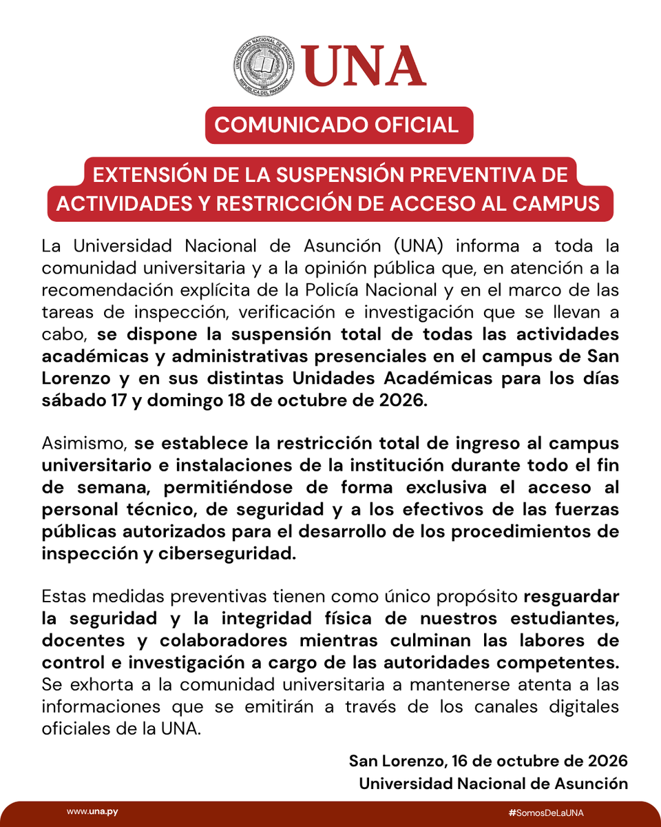 una_py's tweet photo. COMUNICADO OFICIAL
EXTENSIÓN DE LA SUSPENSIÓN PREVENTIVA DE ACTIVIDADES Y RESTRICCIÓN DE ACCESO AL CAMPUS
#SomosDeLaUNA https://t.co/FZhdEtqRE2