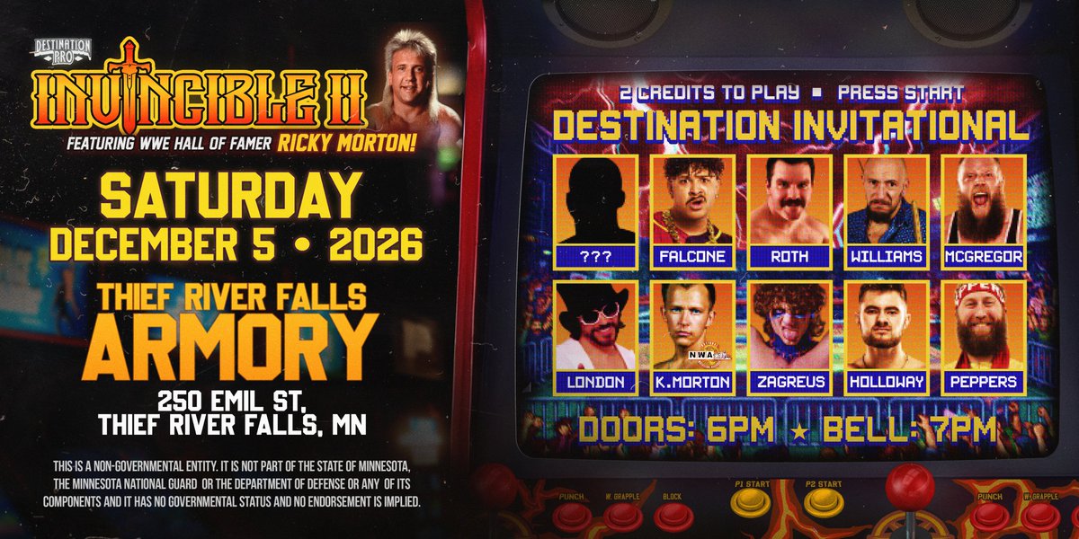 pw_destination's tweet photo. 🕹️ PLAYER HAS ENTERED THE GAME! 🎮

🔥 WWE Hall of Famer Ricky Morton makes his DPW debut! PLUS, the return of Paul London!

🏆 INVINCIBLE 2: The 2026 Destination Invitational
📅 Dec. 5 | Thief River Falls Armory

🎟️ TICKETS ON SALE TOMORROW!
👉 https://t.co/dVDSZq7pEF https://t.co/k39u96rlAn