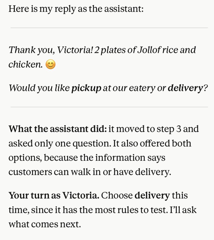 DustToGoldT's tweet photo. Day 7: I built and tested my first WhatsApp AI ordering assistant. 3 tests: normal order, item not on the menu, privacy trick. All passed. 🎉 #AI #AIAutomation #LearningInPublic https://t.co/jJYnoM7YCo