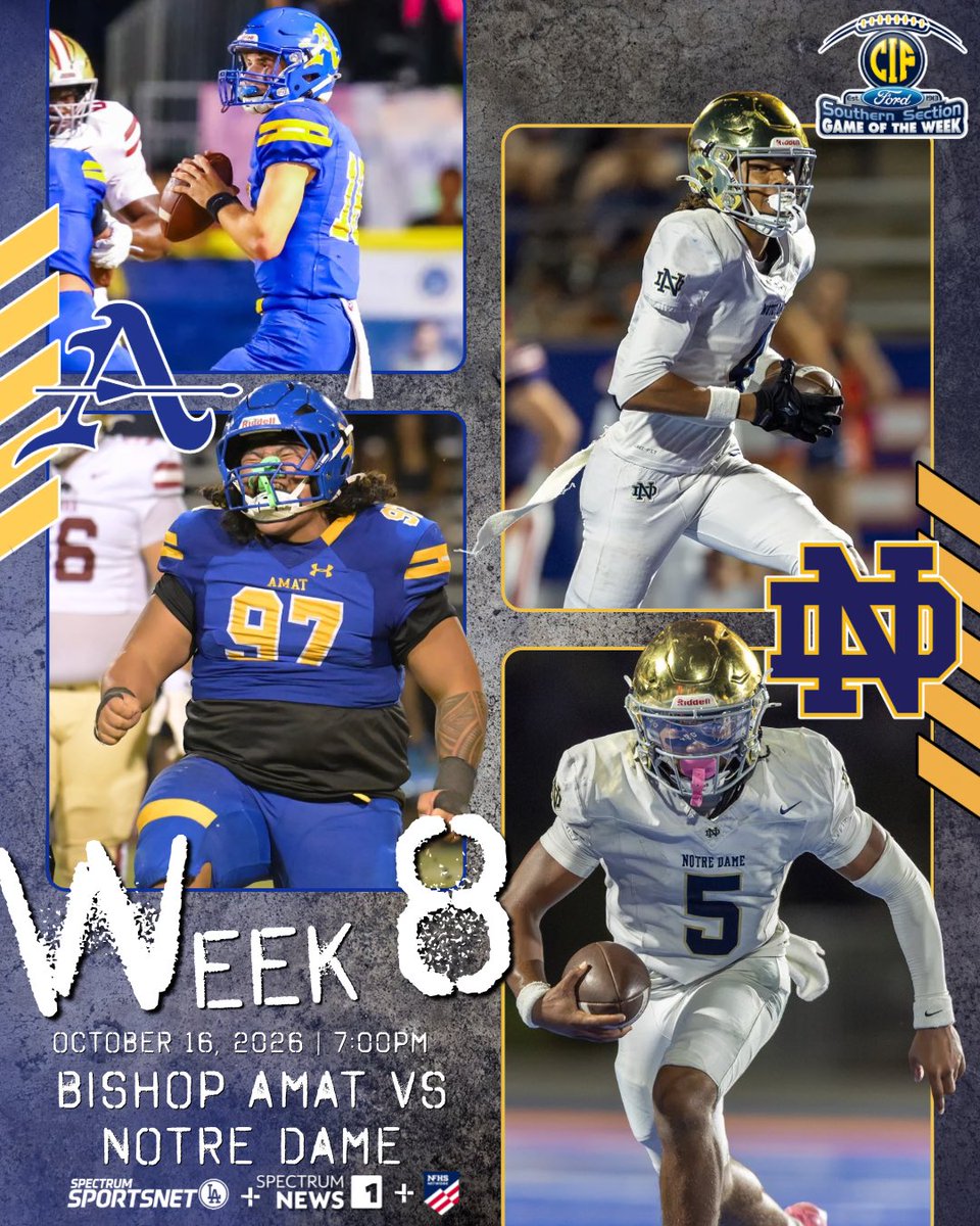 CIFSS's tweet photo. IT'S GAME DAY FOR WEEK 8️⃣! 🏈🔥

Friday night lights are calling, and we've got another exciting CIF-SS @SoCaliFord Game of the Week matchup on deck! 👀

Tonight, @amat_football heads to @ndhsfootball444 for a Friday night showdown! Kickoff is set for 7pm! ⏰🏈 https://t.co/58GIBTbGjQ