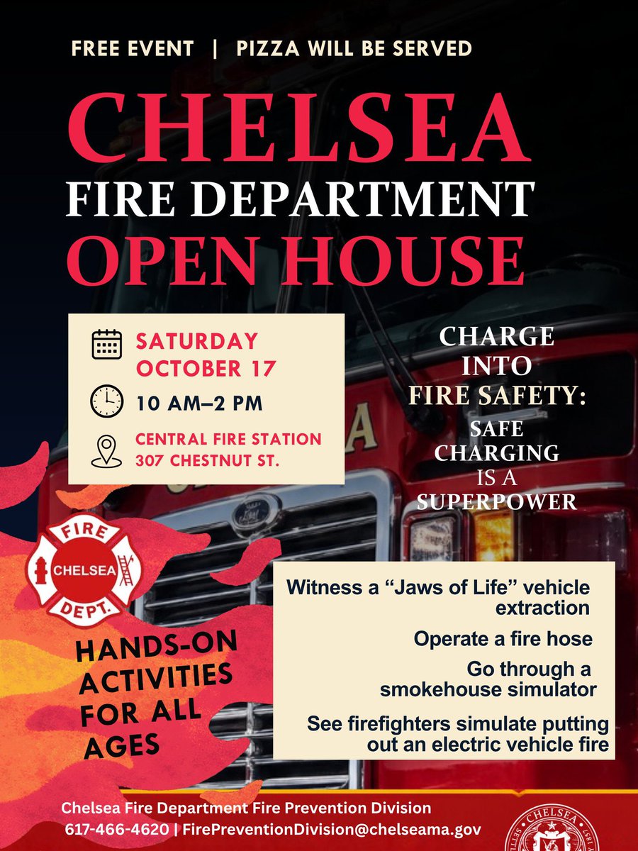 ChelseaScanner's tweet photo. Join your local #firefighters
this Saturday Oct.17th at
the Fire Department's Open
House! Head to Chelsea's
Central Fire Station from
10 a.m. to 2 p.m. for hands-
on activities, live
demonstrations, and pizza.
#ChelseaFire #ChelseaMA https://t.co/xboMAftxKu