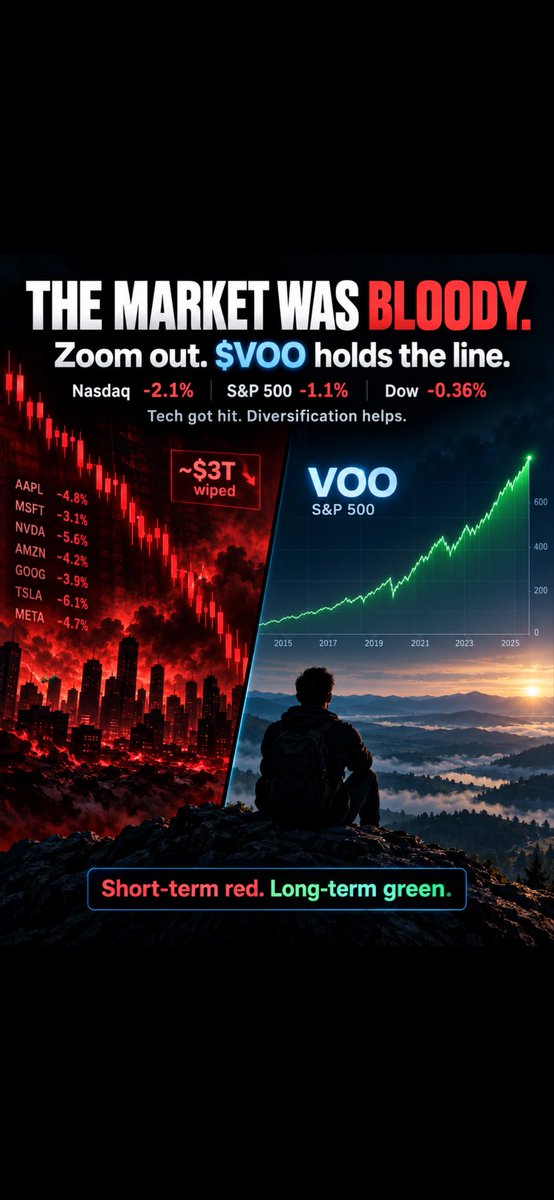 VOOComputer's tweet photo. $3T wiped out.
Timelines full of panic.
I checked my portfolio, shrugged, and kept it moving.

This is why I like $VOO.
Diversification helps. Zooming out helps even more. https://t.co/j8mLsOUIOa