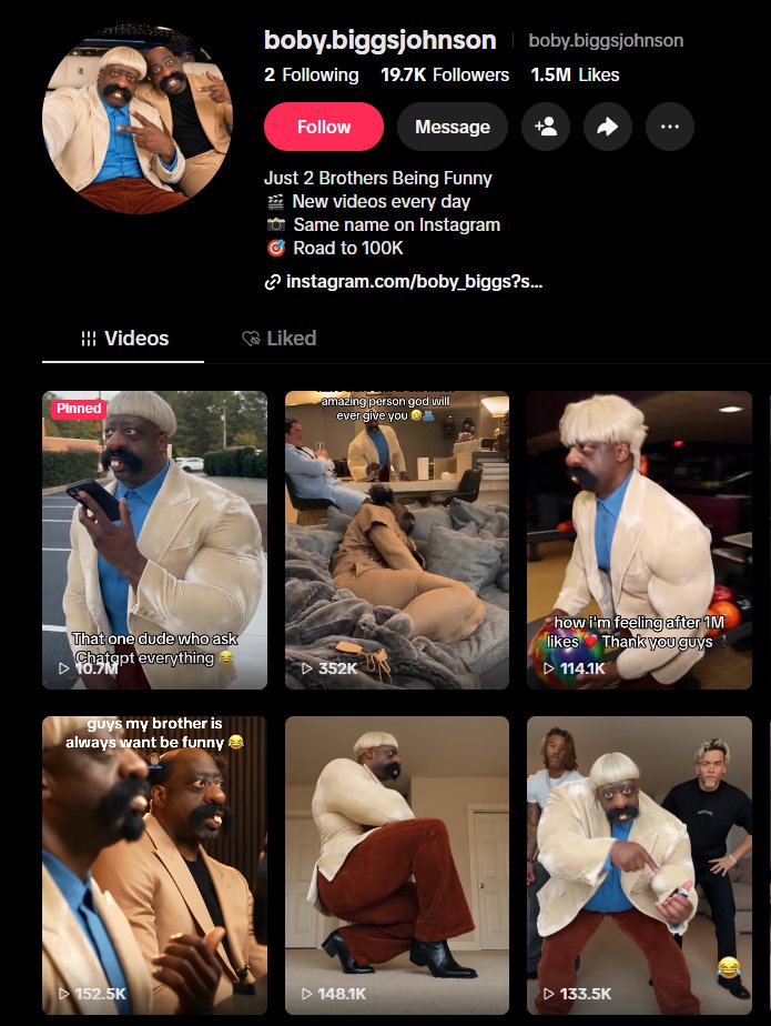 Y0urDumble's tweet photo. dead internet theory is f*cking real, and now the fake guys are starting families.

one creator turned an AI character into an estimated $21K in 11 days. then he gave him a brother.

meet the Johnson brothers.

Biscuit Johnson, the original:

→ first video Oct 6
→ 156.6K followers (65.9K when I first wrote about him 6 days ago)
→ 7.45M likes
→ 34 videos, roughly 59.3M views
→ 10 clips over 1M, the biggest at 10.1M (video's below)

Boby Biggs Johnson, the brother:

→ account created Oct 8, two days after Biscuit blew up
→ 19.6K followers
→ 1.45M likes
→ 16 videos, his top one already at 10.6M
→ bio: "Just 2 Brothers Being Funny"

same last name. same giant mustache. same oversized-suit energy. Boby wears a platinum bob, buck teeth and burgundy flares. Biscuit wears the beige suit and green shoes.

Boby tags him directly: "i'm sorry brother 😂 we try to relax @ Biscuit Johnson".

everything points to one creator spinning up a second account the moment the first one took off.

and it's smart as hell. Biscuit already has the audience. Boby doesn't have to start from zero. every crossover sends Biscuit's 156K followers to his brother.

one hit character becomes a family. a family becomes a universe. every new member gets launched off the last one's audience.

the numbers together:

→ 2 accounts, 50 videos
→ 176K followers
→ 8.9M likes
→ roughly 71.6M views in 11 days

where the $21K estimate comes from: 71.6M views at a conservative $0.30 per 1,000 in brand deals and promos ≈ $21.5K. Biscuit's bio already says "Going Live at 500K", so live gifts are next.

how to build your own family:

→ make one character and push him until a clip breaks 1M
→ the same week, launch a "relative" with the same last name and the same visual DNA
→ crossover in the first videos. tag each other, call each other brother
→ give each one a different trait so the audience picks a favorite
→ keep adding members. the brand is the family, not the face

Biscuit tripled his followers in 6 days. now there are two of him.

Want to earn more than Biscuit brothers? Check out my article below (free prompts + steps)

Follow for more. I'm tracking every AI character worth watching.