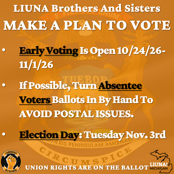 MiLaborers's tweet photo. Election Day is right around the corner, make sure you have made a plan to vote! For more voting information: https://t.co/51NhNJI0Gt
#FeelThePower #LIUNAVotes https://t.co/PYZ1AYdxrD