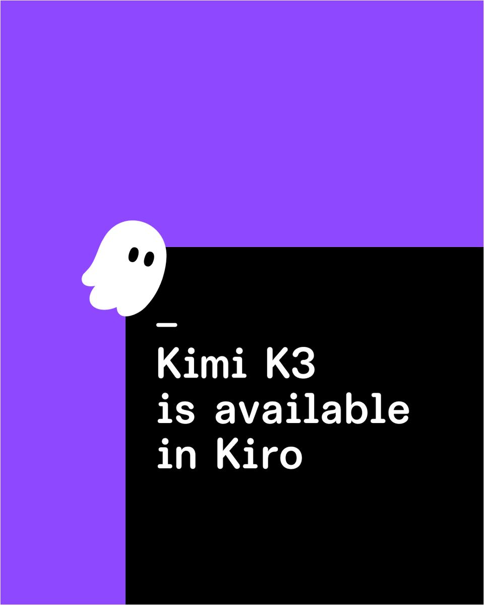 kirodotdev's tweet photo. Kimi K3 model from Moonshot AI is available in Kiro.  

It's the first open-weight model with 2.8T parameters, and room to hold your entire repo and spec in a single pass. 

Get started here: https://t.co/lFAwyAttID https://t.co/sEGouvLOkJ