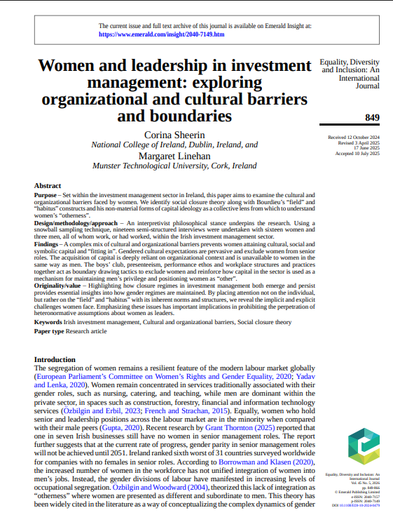 EDI_Journal's tweet photo. Paper spotlight @EDI_Journal: Corina Sheerin @CorinaShee &amp; Margaret Linehan - 'Women and leadership in investment management: exploring organizational and cultural barriers and boundaries'. See thread for key takeaways (1/4).
Paper here: https://t.co/IdrWeyfwij https://t.co/eSrKosUcRV
