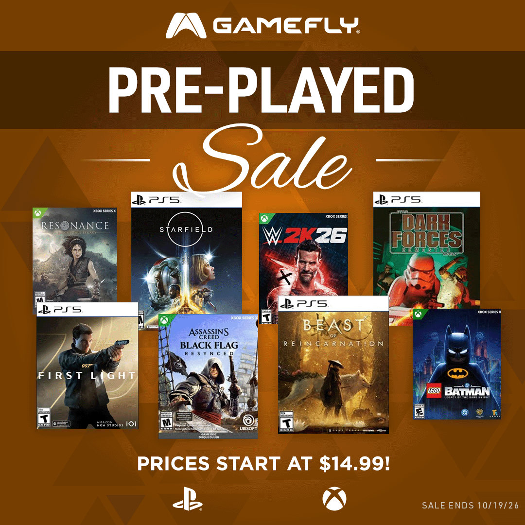 GameFly's tweet photo. Our Pre-Played Sale is live!
Save big on PS5 &amp; XBOX Games thru 10/19

https://t.co/1L3DRqFs86

007, Beast of Reincarnation, Saros, Kingdom Come: Deliverance, Gothic 1 Remake, LEGO Batman and more!

#Videogames https://t.co/kn5g09DHSw