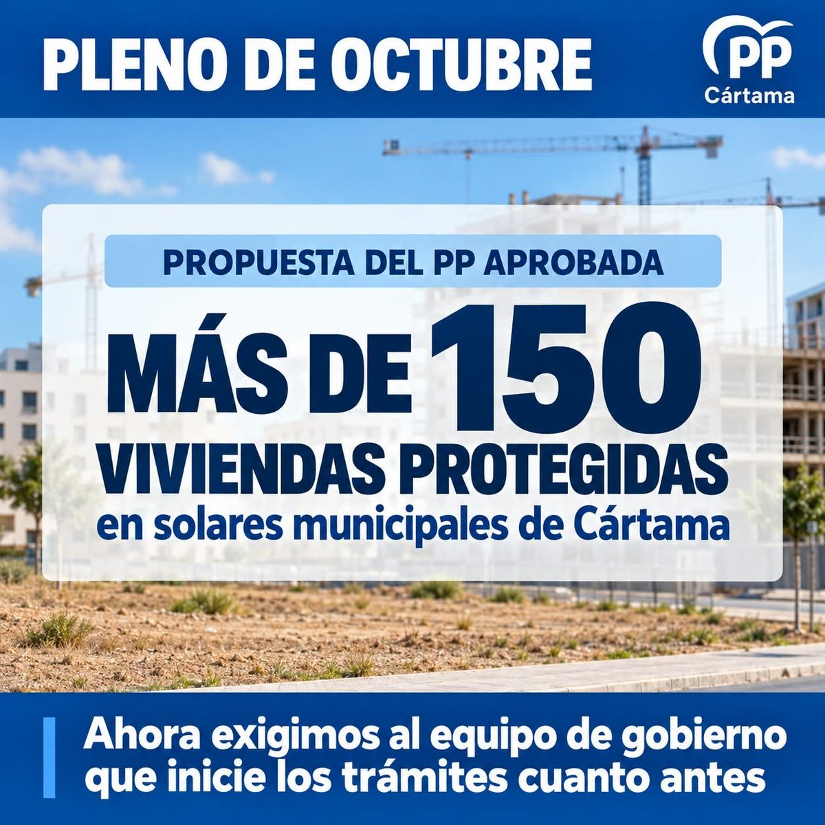 PPCartama's tweet photo. 🏘️ Aprobada la propuesta del PP para impulsar más de 150 VPO en solares municipales de Cártama. Pedimos iniciar ya los trámites.

📢 Reclamamos soluciones a los malos olores en El Sexmo, El Puentecillo, la rotonda de Hierros Cártama y el arroyo del Cano.

#PPCártama https://t.co/7xRB3SU3GM