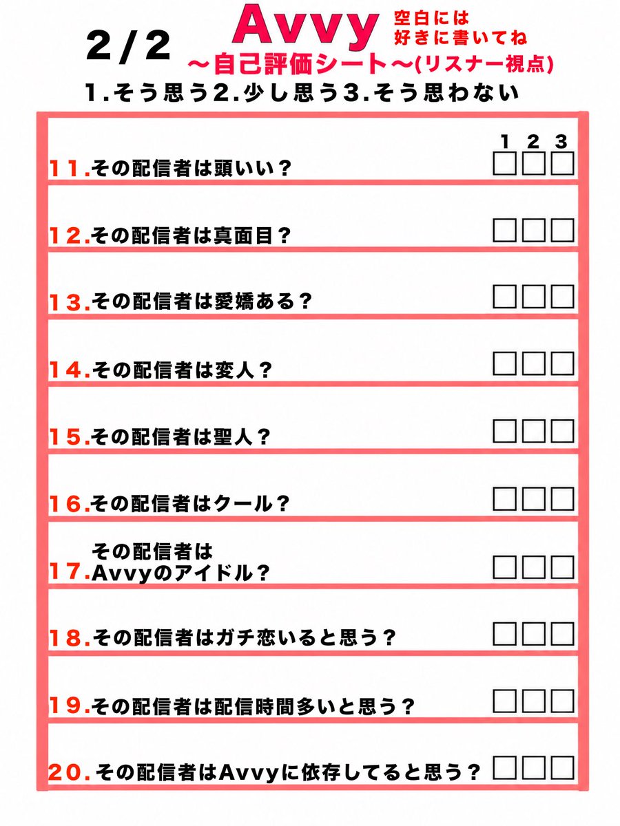 avvytomikun's tweet photo. Avvy自己評価シート作りました！
ぜひ自己分析してみてください！
そしてリスナー視点も作りました！
配信中でもエックス上でもリスナーに自分がどう思われているかもやってもらってみてください！
そして自己と他者の評価を見比べてみよう！
#Avvy 
#Avvy自己評価シート https://t.co/rgDEd8laYW