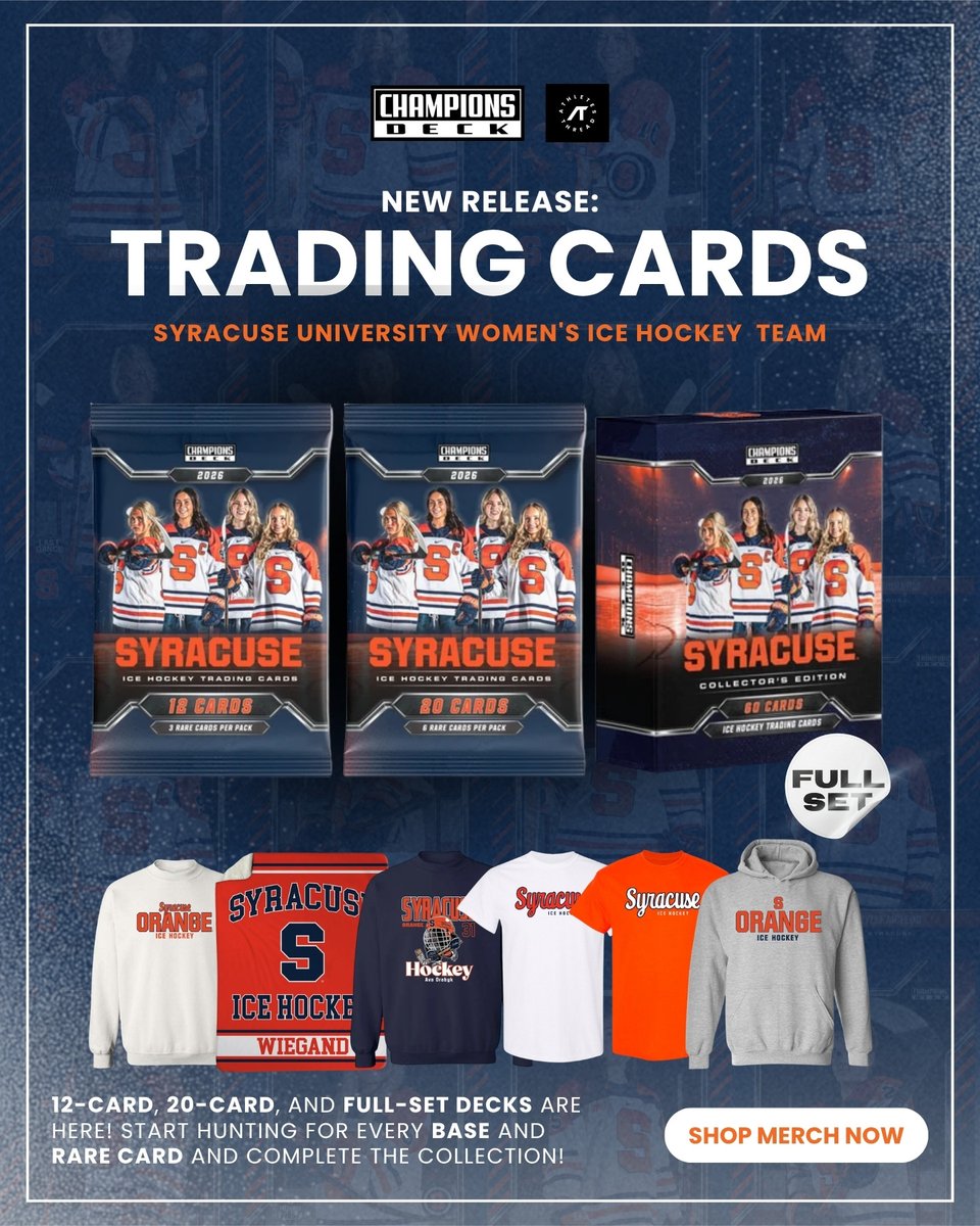 AthletesThread's tweet photo. 🚨 NEW RELEASE 🚨

Syracuse Women’s Ice Hockey trading cards are HERE! 🍊🏒

Grab a 12-card pack, 20-card pack, or the 60-card Collector’s Edition full set. Can you complete the collection? 👀

🛒 https://t.co/eJVmgQYVnK

#ChampionsDeck #GoOrange #TradingCards #NIL https://t.co/6KvHGwqWoa