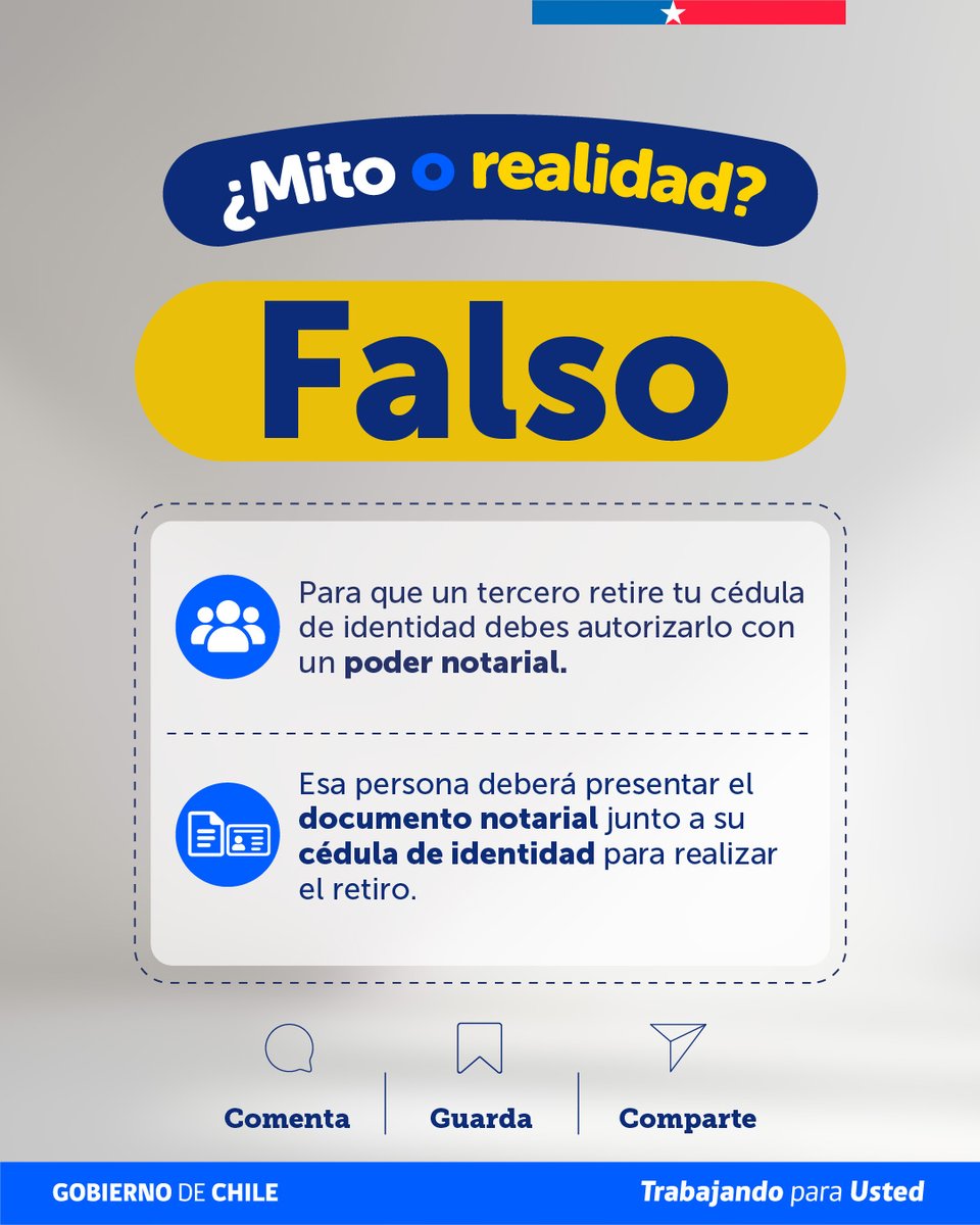 RegCivil_Chile's tweet photo. 🔎 ¿Mito o realidad? ¡Pon a prueba tus conocimientos!
Eres mayor de edad y no puedes retirar tu cédula de identidad¿Puede tu mamá hacerlo solo con el comprobante de retiro? 🤔
👉 ¡Desliza el carrusel y descubre la respuesta! Recuerda que, para que un tercero retire tu cédula, debe presentar un poder notarial y su propia cédula de identidad.
📲 ¡Infórmate en nuestros canales oficiales y comparte esta información!🫶

#RegistroCivil #MitoORealidad #CédulaDeIdentidad
