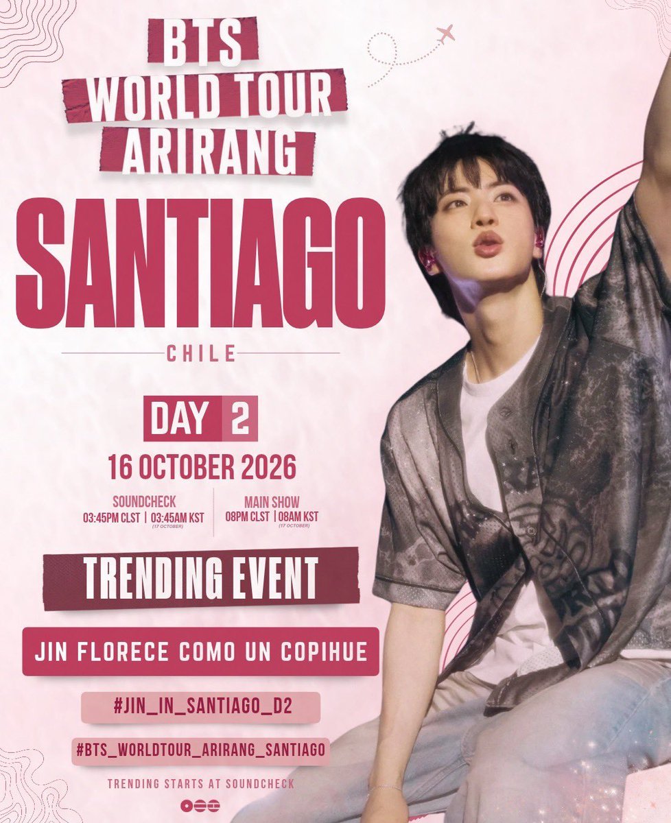 SeokjinMexico's tweet photo. Hoy es el segundo día del BTS WORLD TOUR 'ARIRANG' en Santiago🇨🇱 ¡Apoyemos a Jin haciendo TENDENCIA!

RT &amp; COMENTA 

JIN FLORECE COMO UN COPIHUE
#JIN_IN_SANTIAGO_D2
#BTS_WORLDTOUR_ARIRANG_SANTIAGO https://t.co/BagiVxluAK