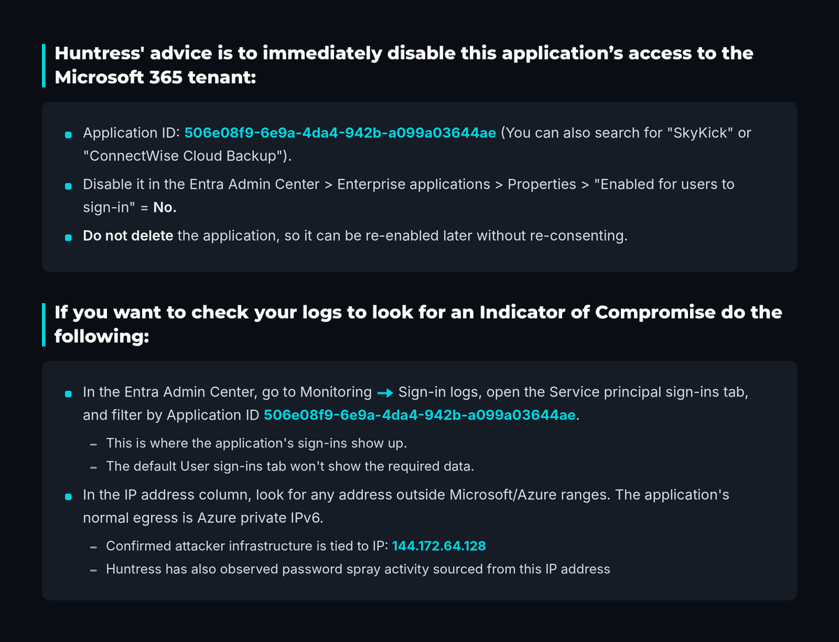 HuntressLabs's tweet photo. Impacted organizations should immediately disable this application (ID: 506e08f9-6e9a-4da4-942b-a099a03644ae) in the Entra Admin Center, following the instructions here. https://t.co/WPCiWgcE8s