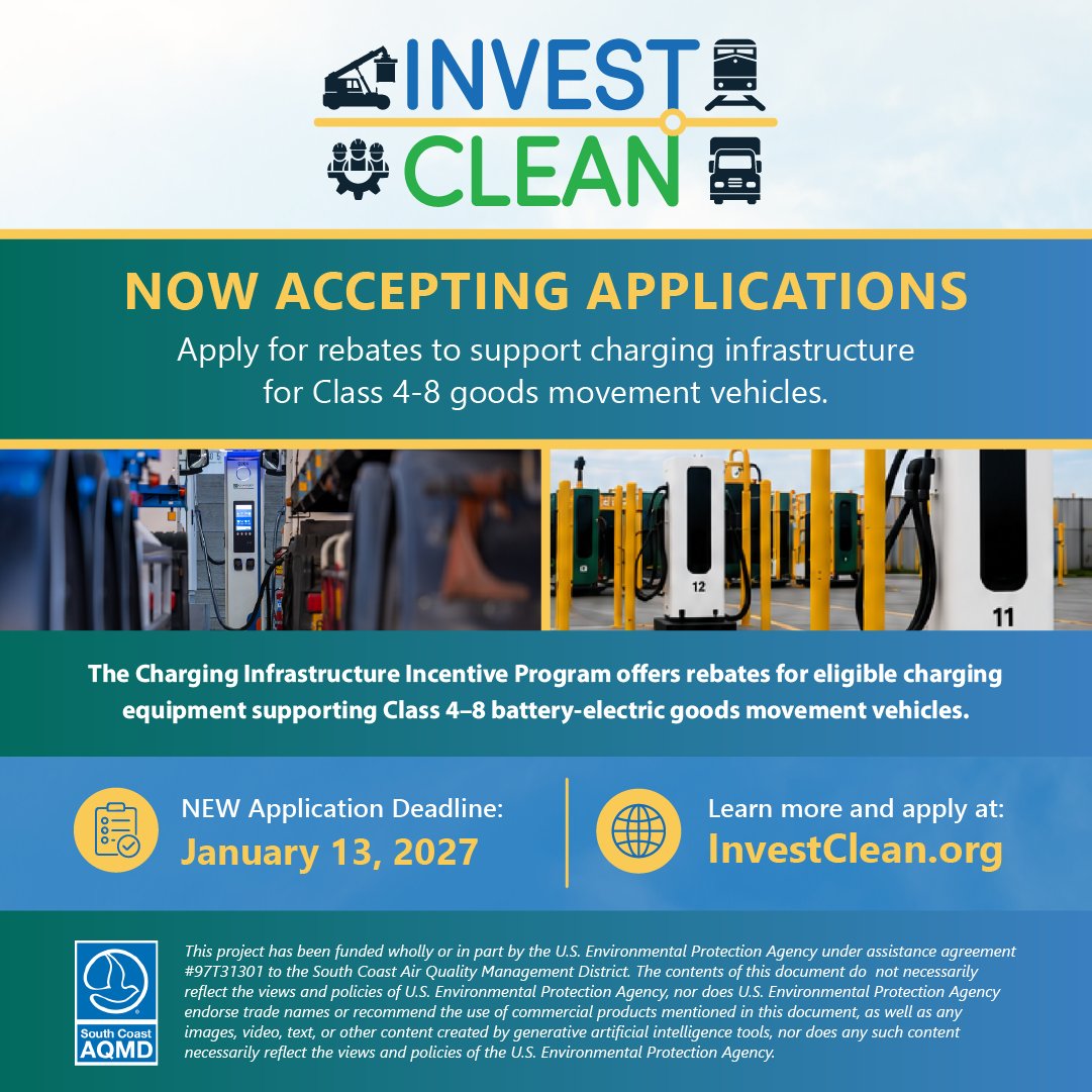 SouthCoastAQMD's tweet photo. INVEST CLEAN funding to support zero-emission charging infrastructure has reopened! Apply for rebates supporting charging equipment for battery-electric Class 4–8 commercial vehicles. Learn more: https://t.co/GQDVBxFYJR #InvestClean #ZeroEmission https://t.co/w9A2kATBAX