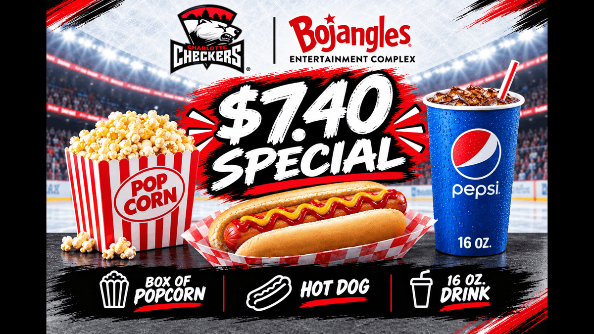 TheBOplex's tweet photo. Opening Night calls for an arena classic.🏒

Fuel up for the Charlotte @CheckersHockey home opener with our $7.40 Special, featuring a hot dog🌭, box of popcorn🍿 and 16 oz. drink!🥤

Available tonight at Bojangles Coliseum while you cheer on the Checkers!🙌

🎟️ Puck drops at 7 PM. Score tix with the 🔗 in our profile! #TheBOplex #CharlotteCheckers #CheckersHockey #CLTEntertainment