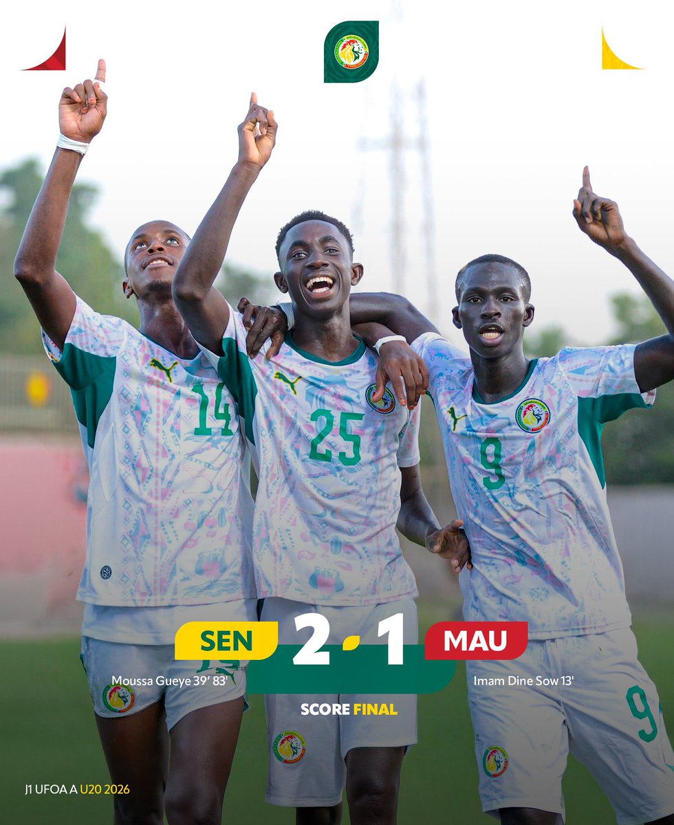 AbdoulAzizBane's tweet photo. 🔚 Grâce à un doublé de Moussa Gueye, nos Lionceaux s’imposent 2-1 face à la Mauritanie pour leur entrée en lice dans le tournoi UFOA-A U20.

Ils affronteront la Sierra Leone lors de la deuxième journée, suite au retrait de la Guinée-Bissau du tournoi.

🙏 Prompt rétablissement à Amadou Mboup, touché à la tête durant la rencontre.