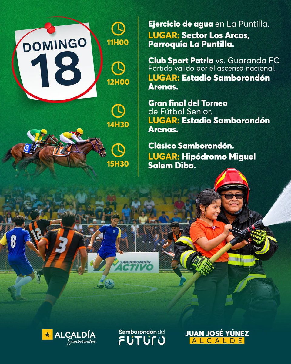 MuniSamborondon's tweet photo. 🎉 ¡Este fin de semana celebramos a Samborondón a lo grande! Deporte, música y tradición para disfrutar en familia este 17 y 18 de octubre.

Arma tu plan y vive la agenda de nuestra ciudad. 💛💚

#71AñosDeCantonización #SamborondónDelFuturo #SamborondónActivo https://t.co/gO3uVzRVHR