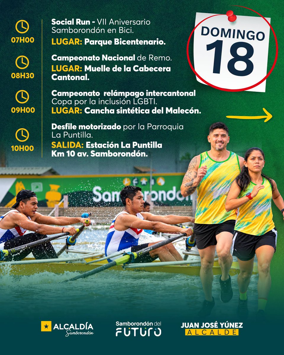 MuniSamborondon's tweet photo. 🎉 ¡Este fin de semana celebramos a Samborondón a lo grande! Deporte, música y tradición para disfrutar en familia este 17 y 18 de octubre.

Arma tu plan y vive la agenda de nuestra ciudad. 💛💚

#71AñosDeCantonización #SamborondónDelFuturo #SamborondónActivo https://t.co/gO3uVzRVHR