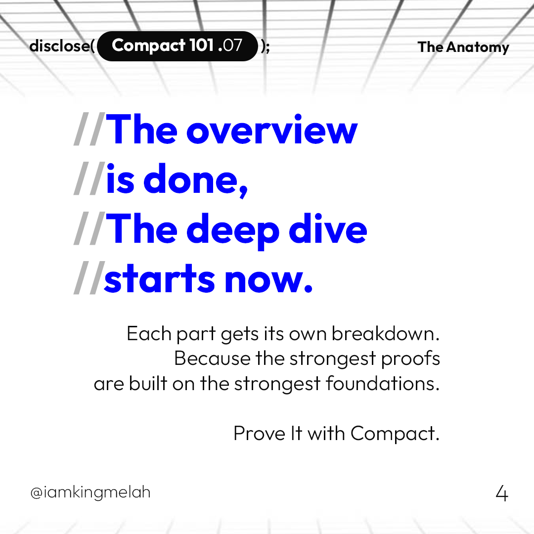iamkingmelah's tweet photo. The strongest proofs are built on the strongest foundations.

Compact 101 Post 7 — the full anatomy of a Compact contract. Every line. Every part. One system.

Prove it with Compact.

@MidnightNtwrk @midnightfdn @LoLoCoding @ch1bo_ @Islandghostxrp 

#Compact #Midnight #Web3 https://t.co/CJjBcsxTCs