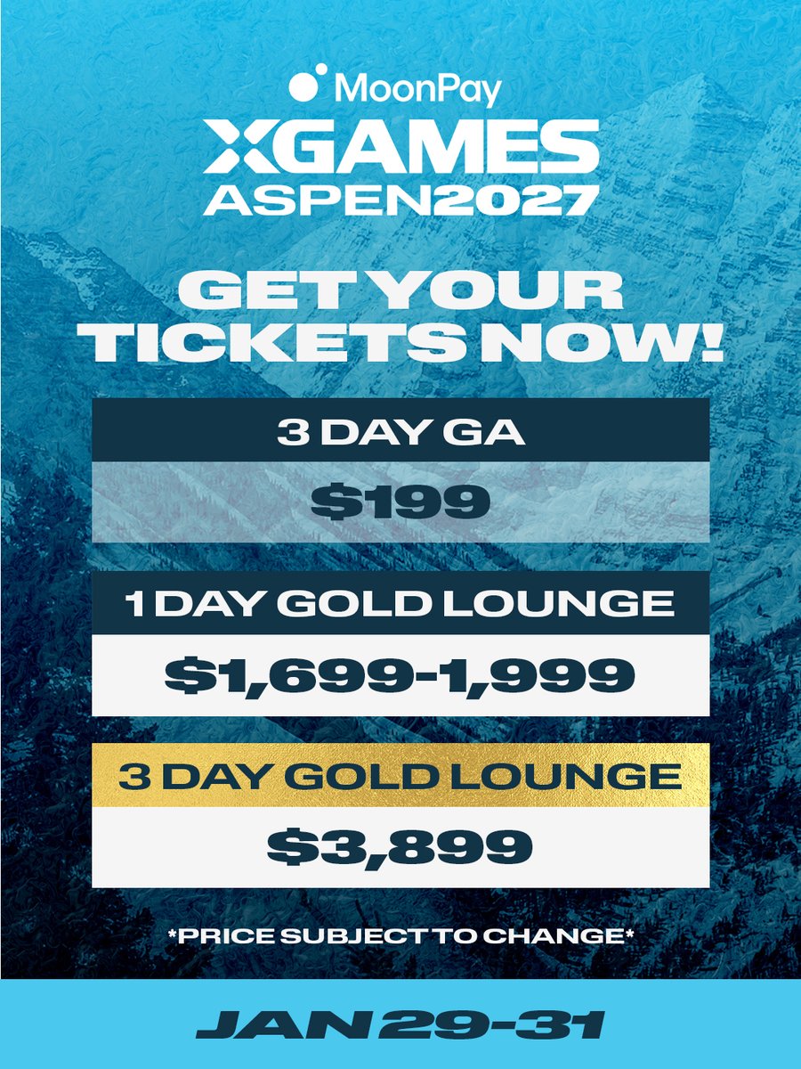 XGames's tweet photo. Your gold awaits 🏅 single day Gold Lounge tickets for @moonpay X Games Aspen 2027 are on sale now!

Get all the perks of GA, plus:
❄️ Heated multi-level lounge
❄️ Complimentary food + open bar
❄️ Premium viewing areas for comps + music
❄️ Live competition feeds

Link in bio to buy, see you in Aspen 🏔️