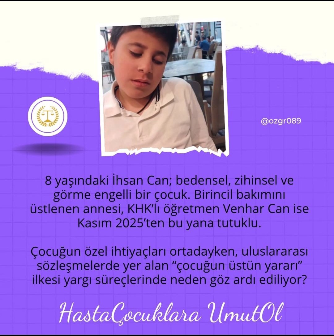werstormn's tweet photo. ṢU TAG'A BİR EL ATSAK GÜZEL İNSANLAR KIYMETLİ DOSTLAR...

Yusuf Kerim Yasası, ağır hastalğı
bulunan çocuğun annesinin infazının ertelenmesini öngörüyor. 
Ihsan'ı fiziksel ve zihinsel engeli açıkça bu kapsama giriyorken annesi 
Venhar Can neden tutuklu?

HastaÇocuklara UmutOl https://t.co/tJBPxr2GMQ