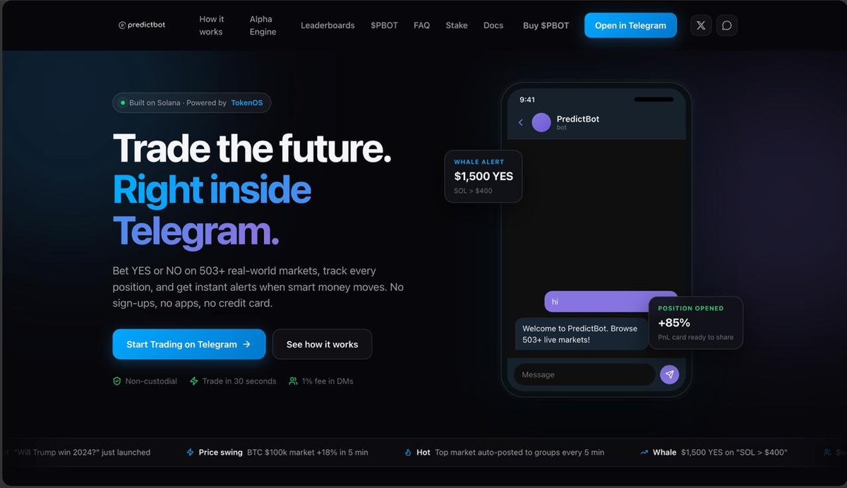 PredictBotSol's tweet photo. 🔮 PREDICTBOT HAS A NEW LOOK

New website. Same bot. Way better experience. ✨

Trade the future. Turn your insights into profit.

WHAT'S NEW
→ Fresh, faster landing page, built for mobile
→ "How it works" guide for first-time traders
→ Live Alpha Engine feed: whale alerts, swarm detection, price swings
→ Group leaderboards: bet against your friends
→ $PBOT revenue share and staking, front and center
→ Full FAQ and docs in one place

No new app. No sign-ups. Still non-custodial. Just Telegram.

503+ markets. Trade in 30 seconds.

🌐 https://t.co/r3KGJd4FlF
👉 https://t.co/KOi5eeZosN

$PBOT CA: 8aamVxABfTTTYNwhCi6PwJRUdxtixf8gPKkpt3Jmpump