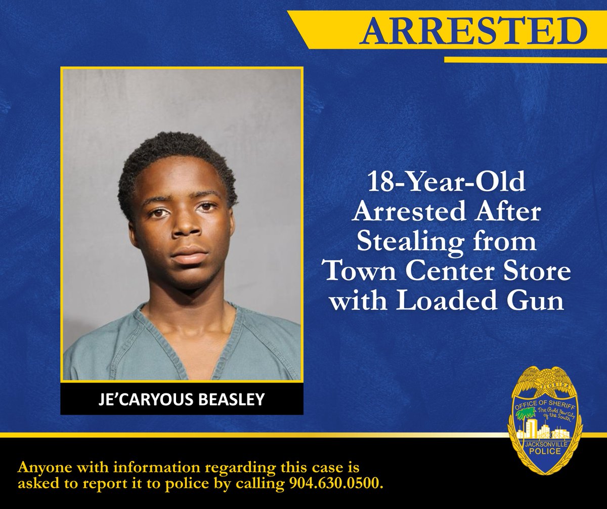 JSOPIO's tweet photo. Our District 3 Town Center Patrol officers arrested an 18-year-old after he stole more than $800 worth of merchandise from a store while carrying a loaded gun.

On Friday, September 18, our officers who patrol the St. Johns Town Center responded to one of the stores for a reported theft. The store told our officers a young man in a white hoodie stuffed more than $800 worth of merchandise into his backpack.

Our officers left the store and immediately spotted a suspect who matched the description, with the backpack still on. When our officers tried to stop him, he took off running. We were able to catch up to him, and we identified him as 18-year-old Je'Caryous Beasley.

When our officers searched Beasley's backpack, they found a loaded gun at the top of the bag, with a live round in the chamber. The gun even had an illegal switch, making it fully automatic. We also found the stolen merchandise inside the bag.

We arrested Beasley for Grand Theft and Carrying a Concealed Firearm, both felonies. We also arrested him for misdemeanor Possession of Marijuana and Resisting an Officer Without Violence.